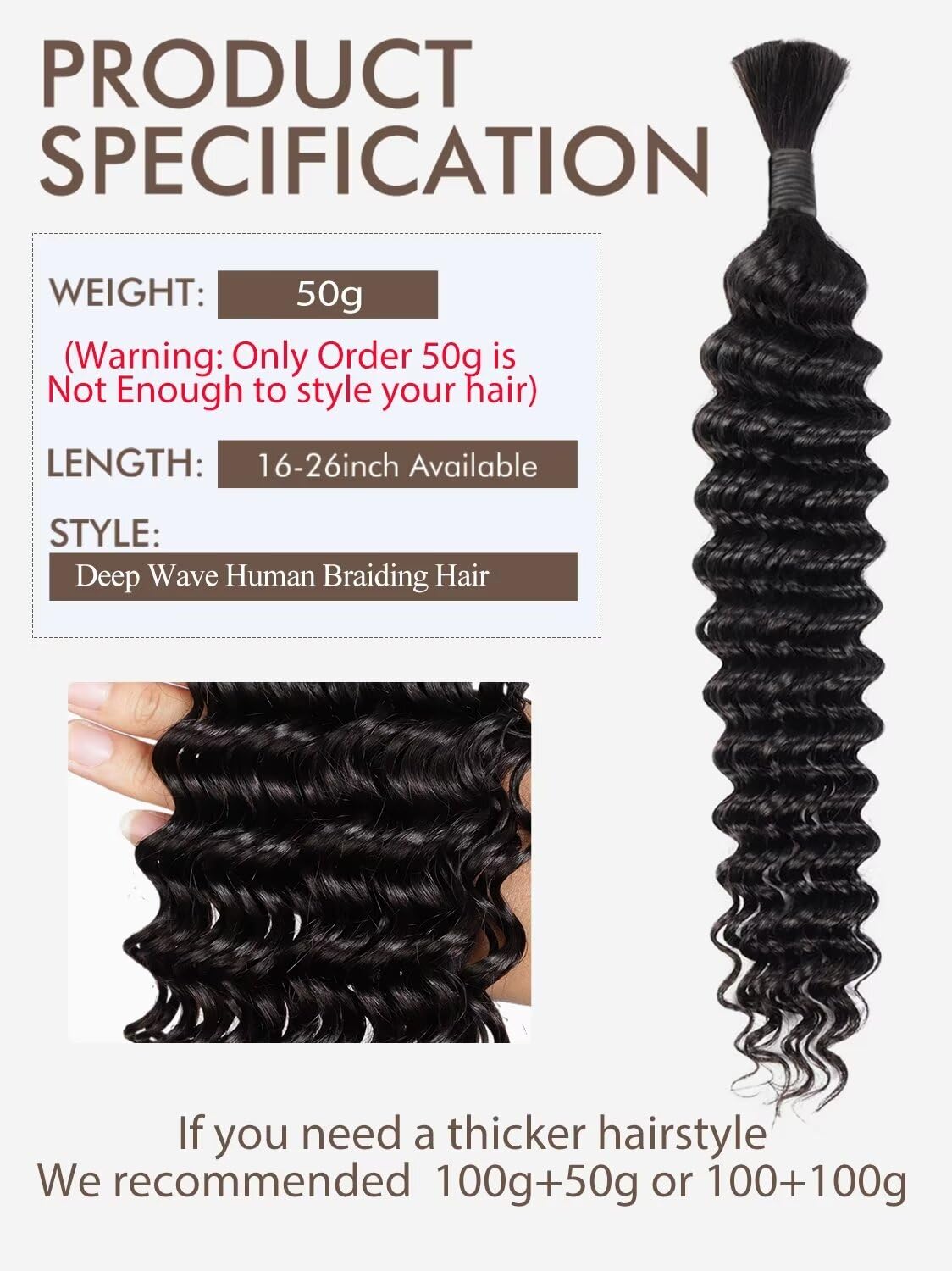Human Braiding Hair 1 Bundle 50G 20 Inch Deep Water Wave Bulk Human Hair For Braiding No Weft 12A Brazilian Virgin Curly Human H