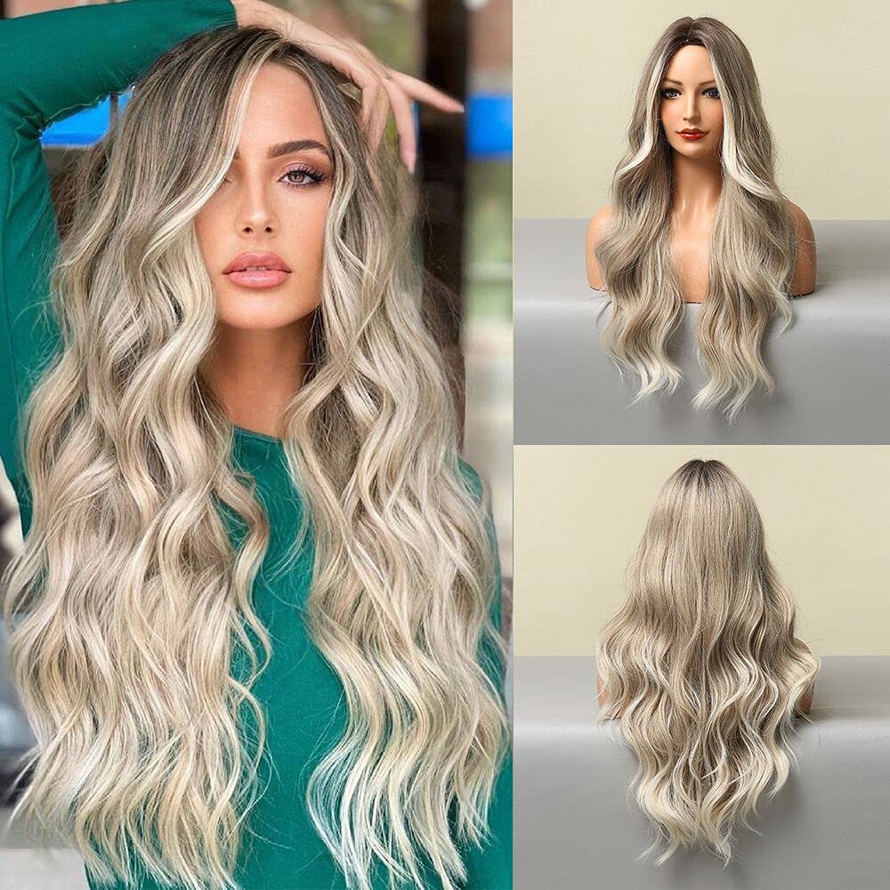 JOOLER Ombre Ash Blonde Wigs for Women Long Wavy Synthetic Wig 24Inch Middle Part Wig with Dark Roots Natural Looking Heat Resis