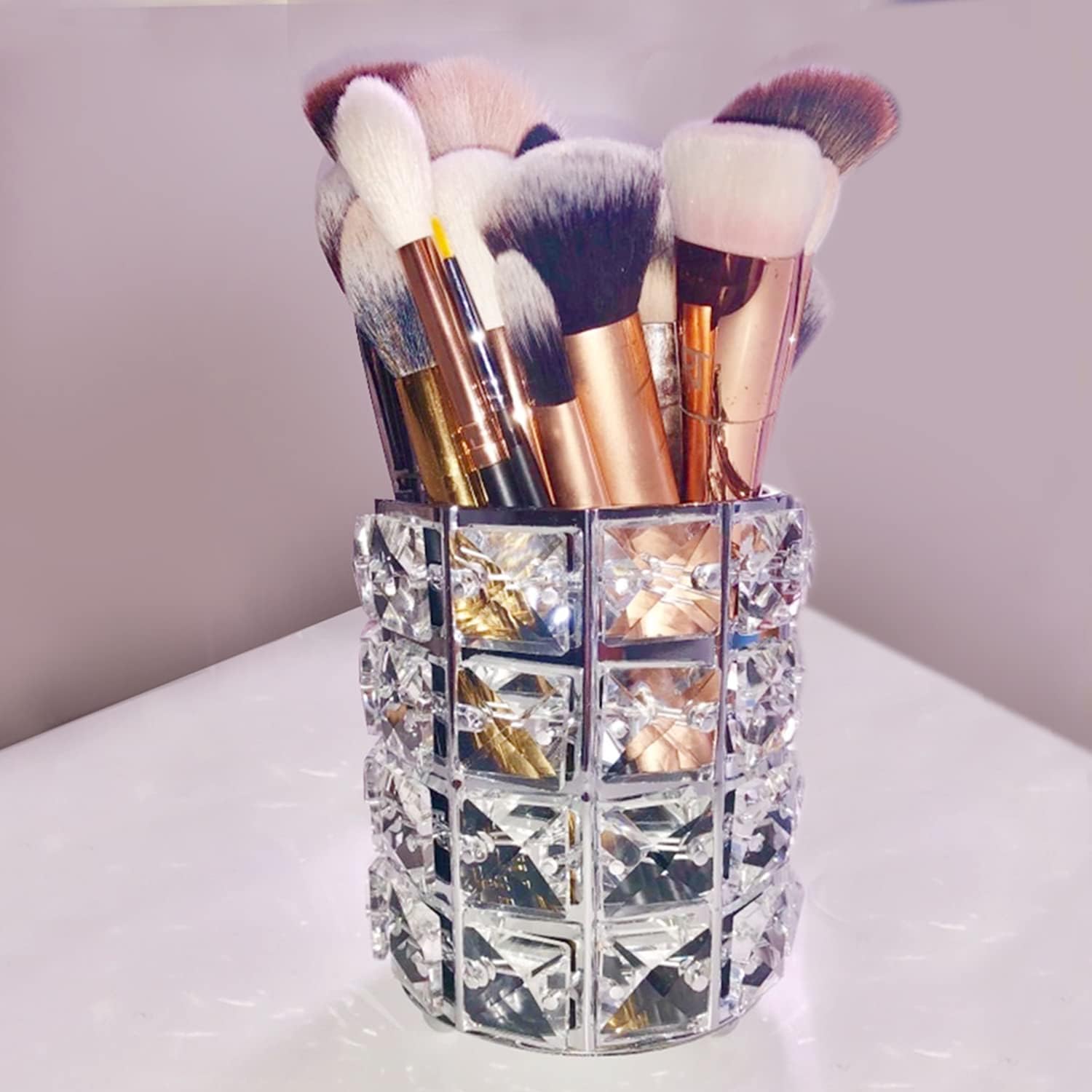 LUGUNU Makeup Brush Holder with Silver Crystal Bling - Elegant Vanity Organizer for Brushes, Pens & Pencils, Ideal for Bathroom