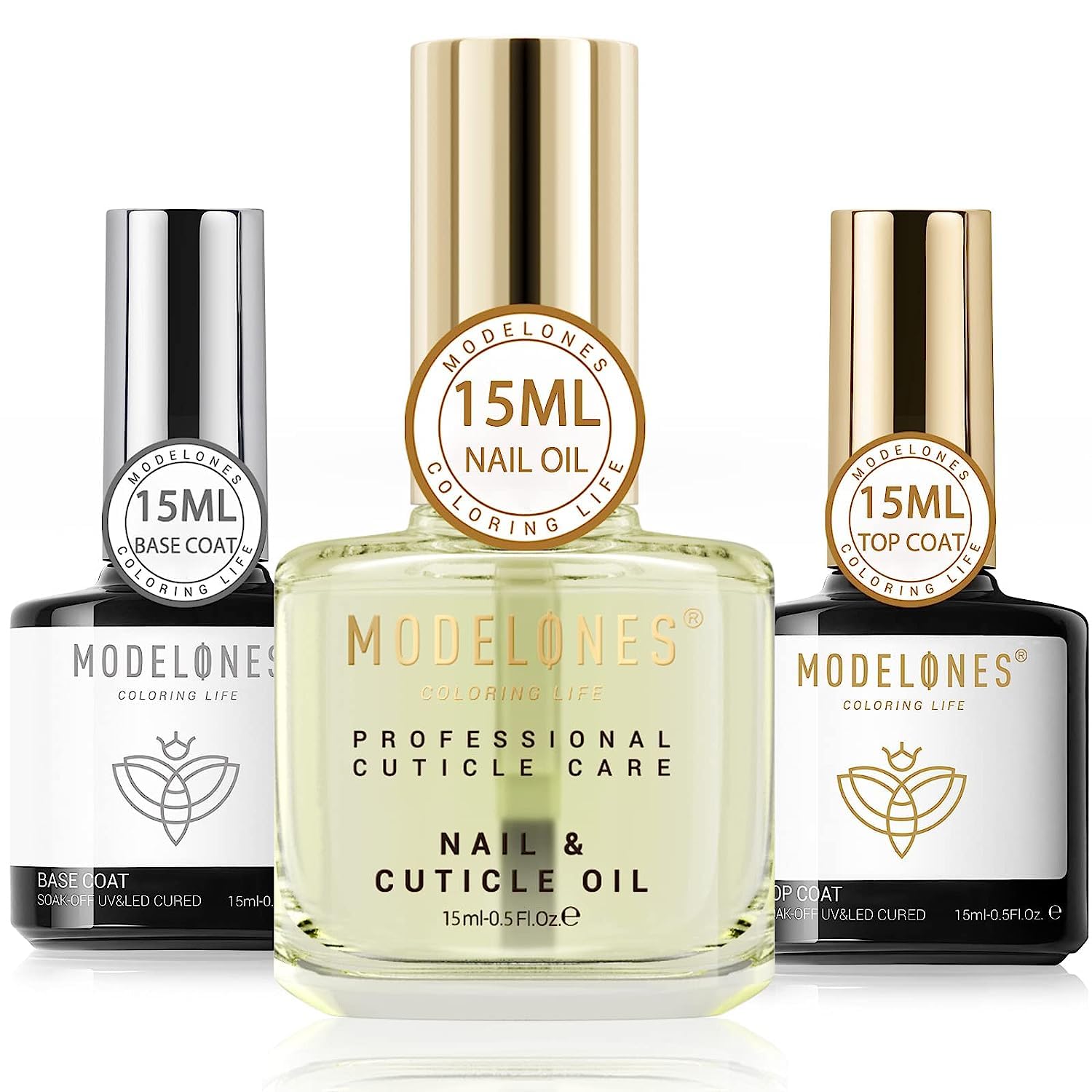 modelones 15 ml Gel Top Coat & Base with Cuticle Oil Set, 3 Pcs Gel Nail Polish Cuticle Protectors Kit No Wipe Base Gloss Top Co