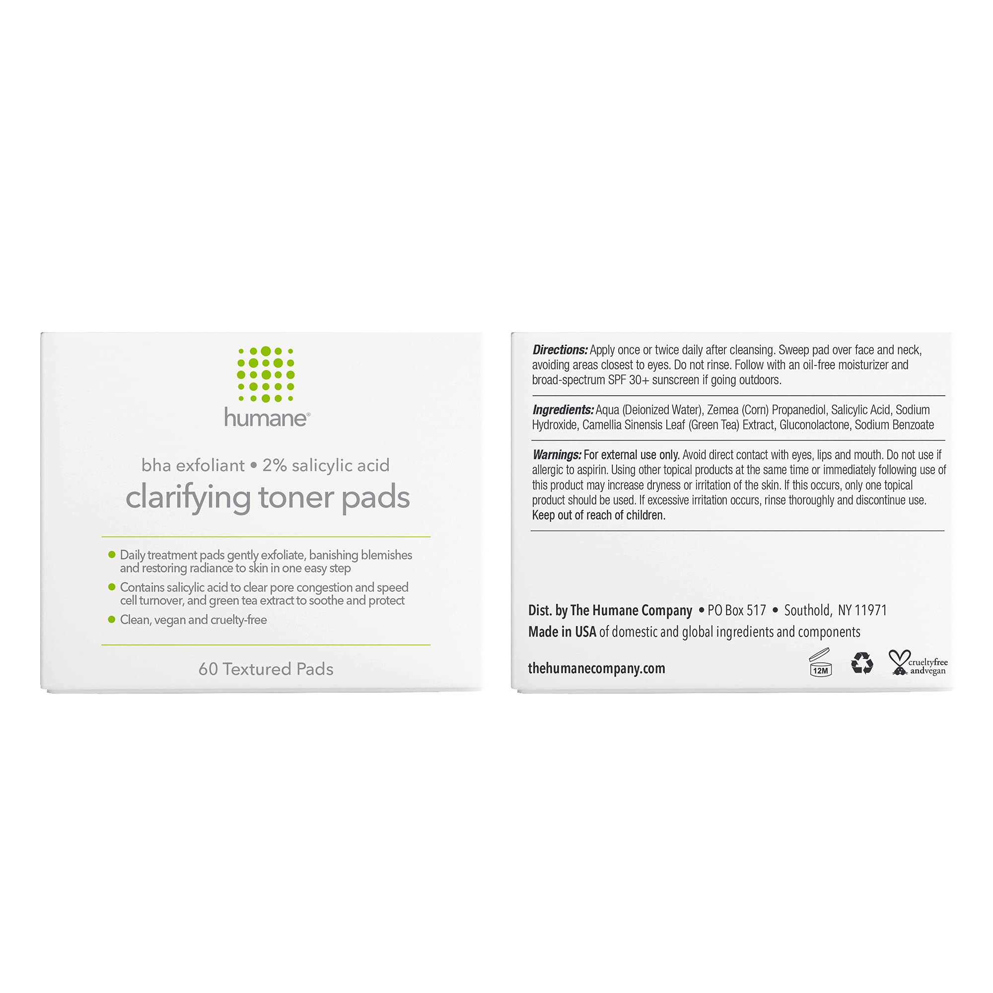 Humane Clarifying Toner Pads for Face - 2% BHA Liquid Salicylic Acid - Pore Minimizer and Facial Exfoliator - Gentle for All Ski