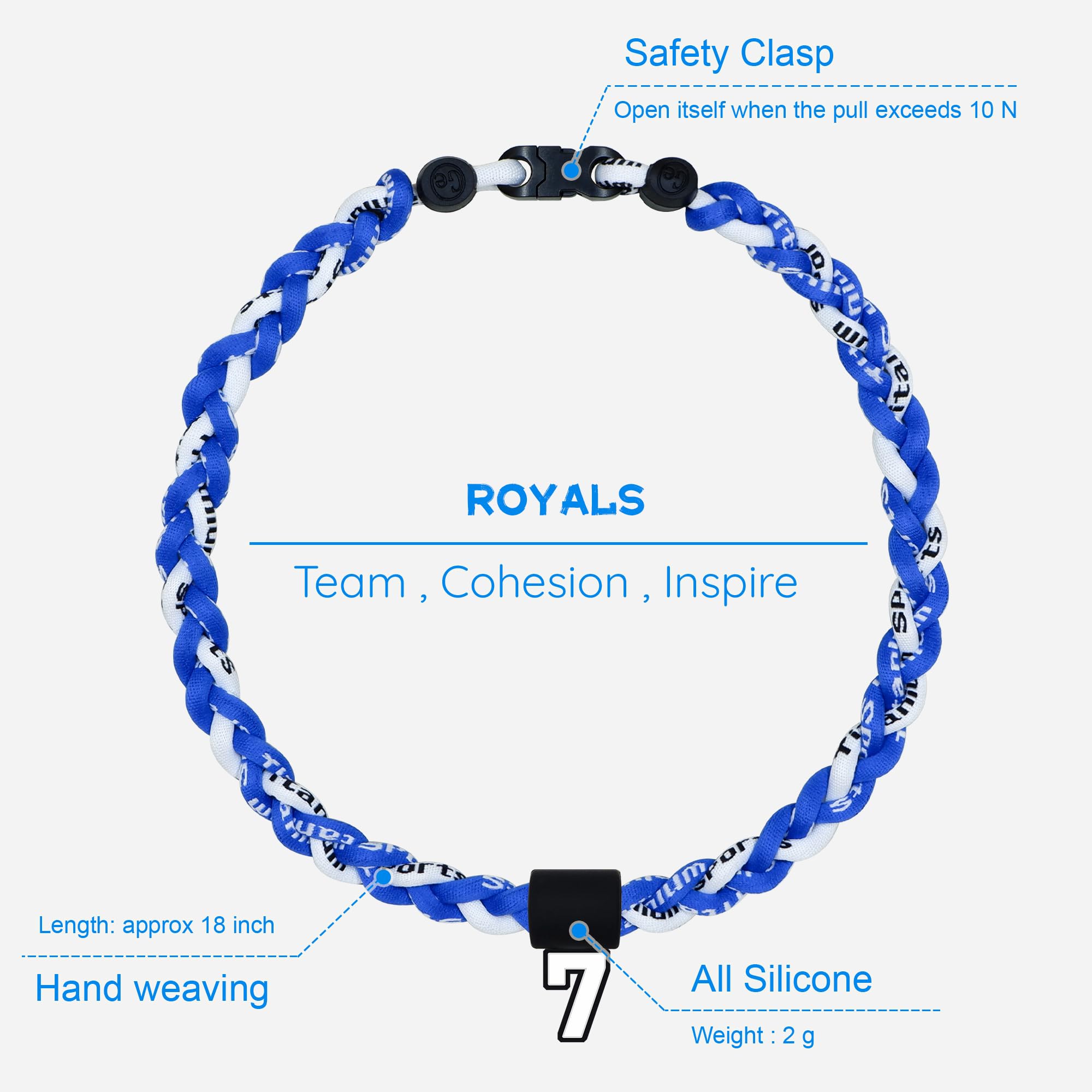 SUPBOMM Baseball Rope Necklaces, League Team Colors Braided Necklace with Number Pendant, Baseball Team Gifts, Royals, No. 7