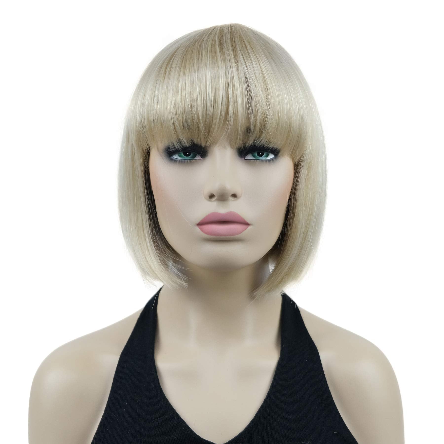 Lydell 8'' Straight Short Bob Hair Flat Bangs Cute Central Dot Skin Top Heat Resistant Synthetic Wigs (26 Bright Golden Blonde)