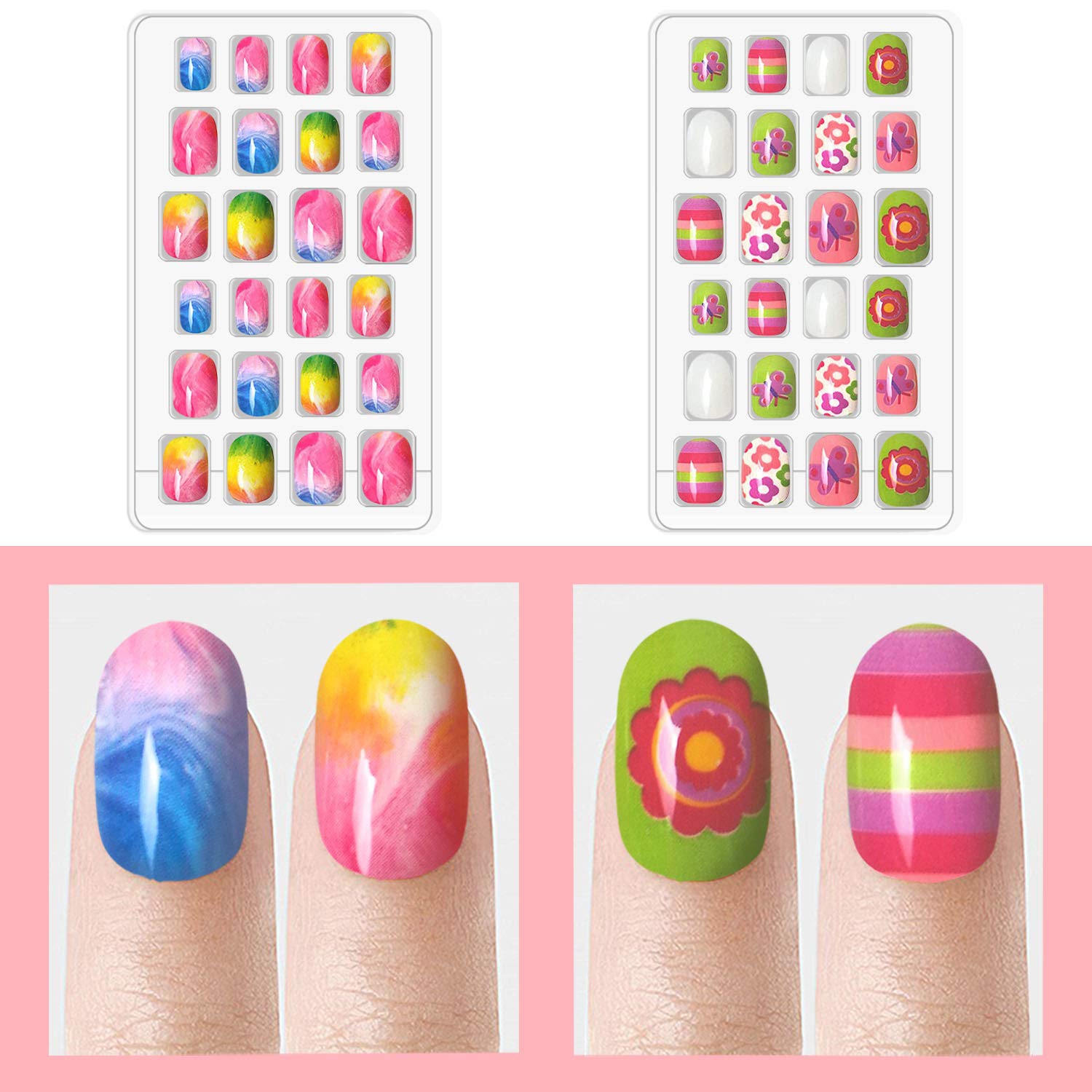 Laza 120pcs Children Nails Press On Pre-glue Full Cover Nail Tip Kit Glitter Gradient Color Rainbow Short Artificial False Nail