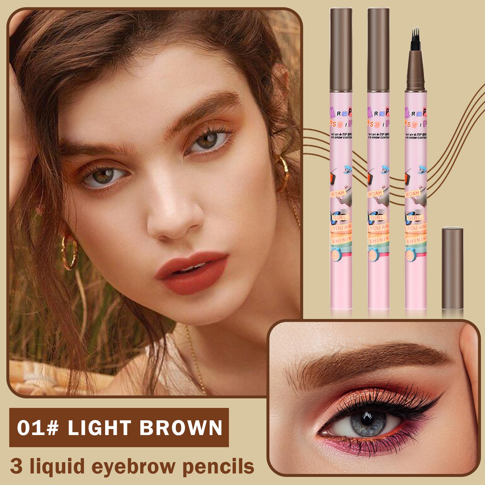 Qiufsse 3Pcs Light Brown Eyebrow Pencil For Women,Lapiz Para Cejas,Magical Precise Waterproof Brow Pen,Easily Create Natural Eye