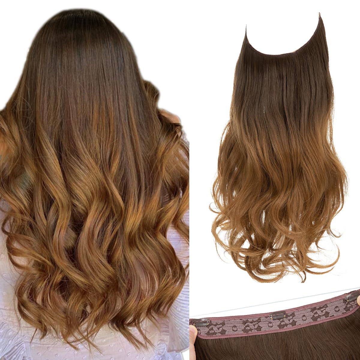 SARLA Ombre Invisible Wire Hair Extensions with 3 Clips Synthetic Wavy Curly Hairpiece Adjustable Transparent Headband for Women
