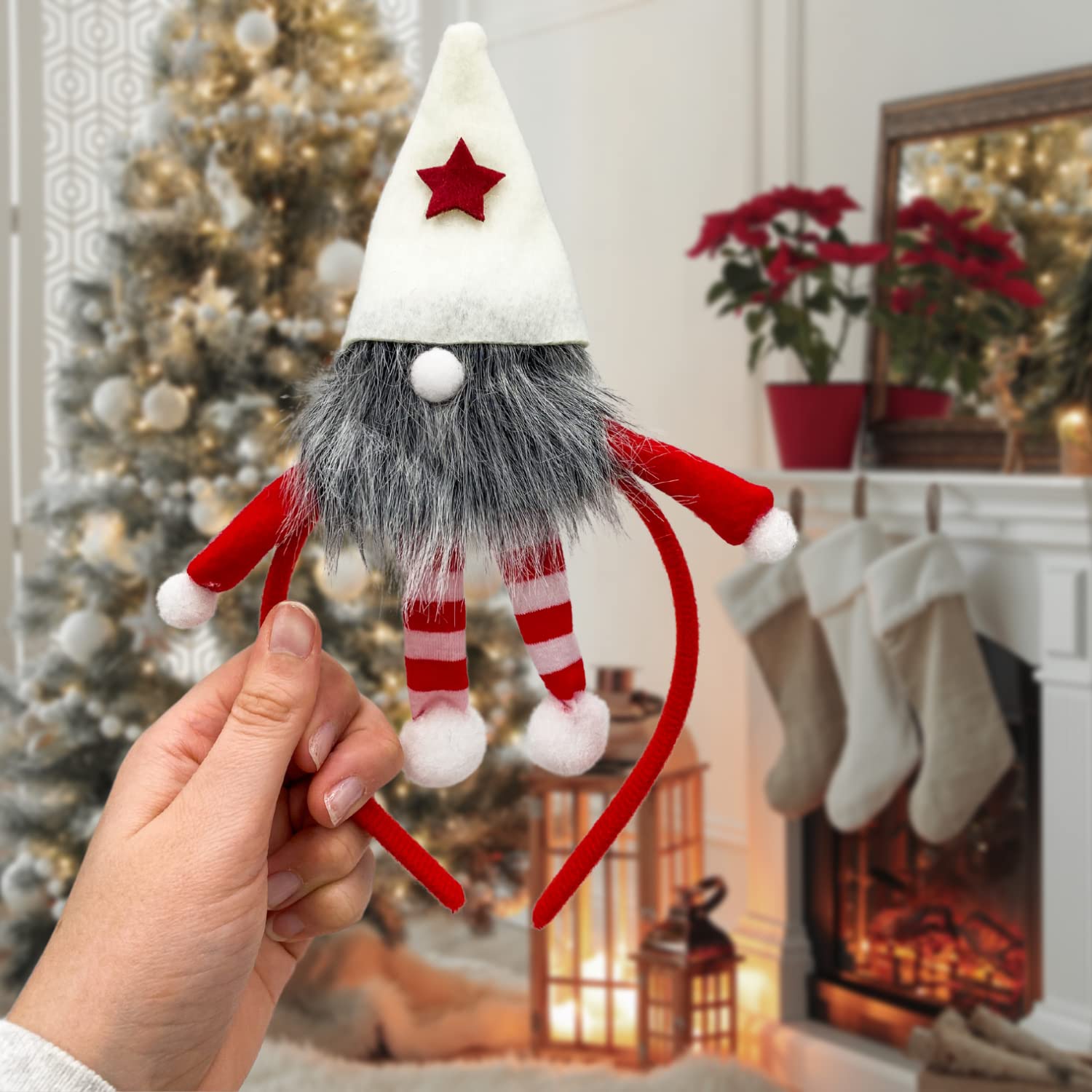 Needzo Christmas Gnome Headband With Hat, Red And White, Festive Holiday Party Accessory, One Size Fits Most (Red Gnome)