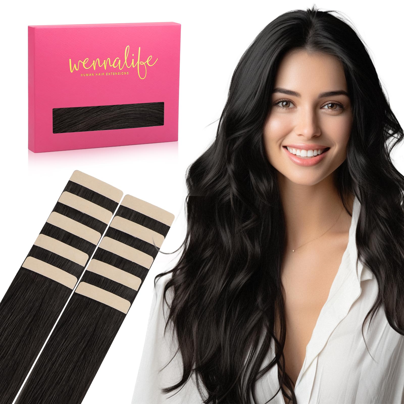 Wennalife Tape In Hair Extensions Human Hair Natural Black Tape In Extensions, 10Pcs 30G 20 Inch Remy Invisible Tape Ins Straigh