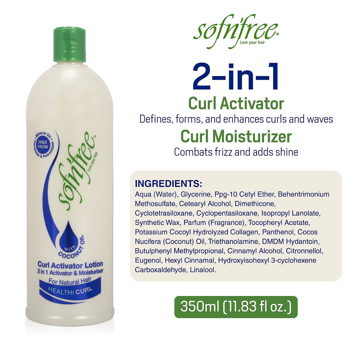 SofnFree Moisturizer & Curl Activator for Natural Hair, Soft Curls, and Waves 25.36 fl oz / 750ml