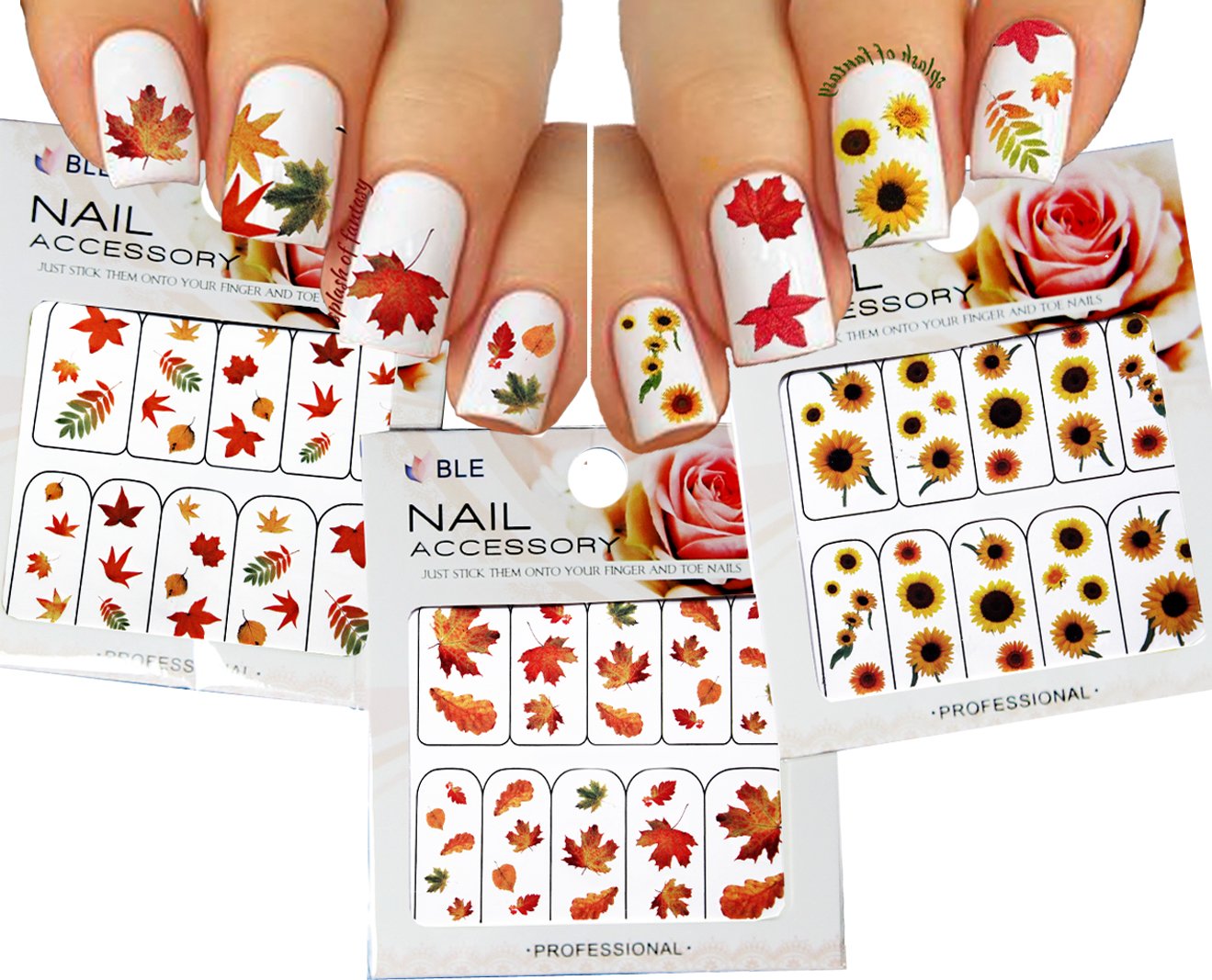 Autumn Leaves Nail Art Water Slide Tattoo Sticker:::Crimson Leaves And Flowers: Maple/Rowan/Hawthorn/Sunflower- 3 Pack
