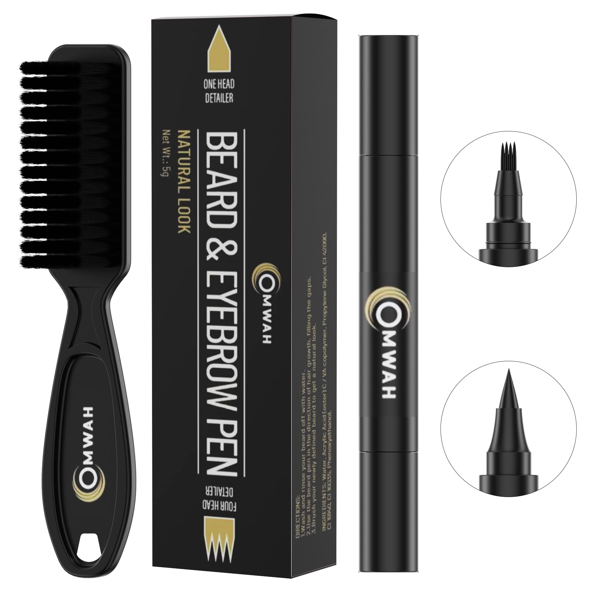 Omwah Pencil Filler For Beard, Eyebrow And Mustache - Water Proof Pen With Beard Brush, Long Lasting Natural Finish For Men (Bla