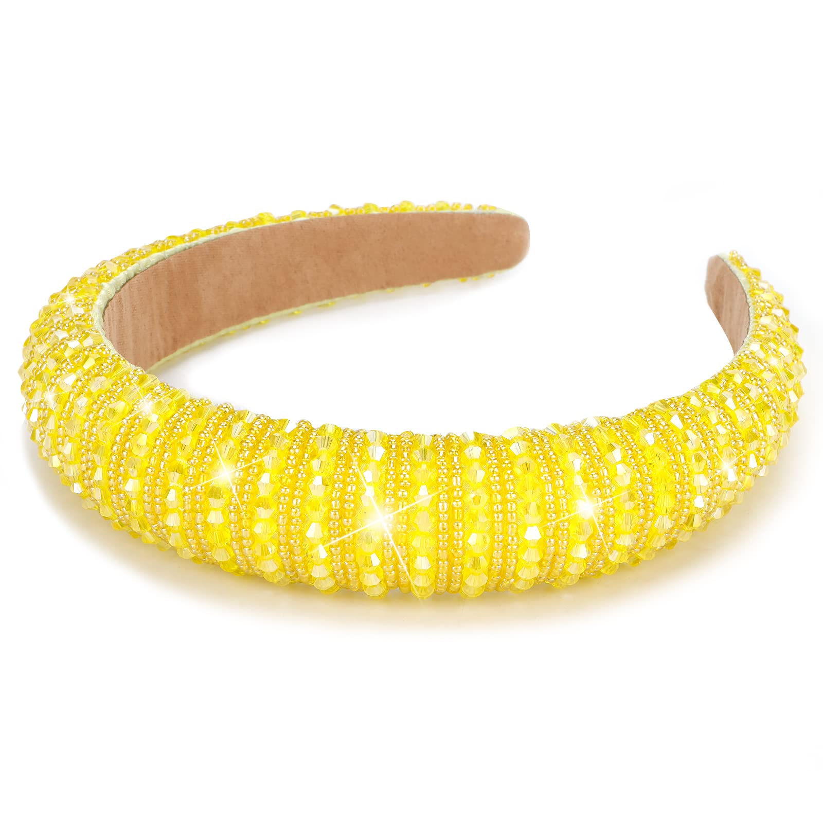 Wecoe Yellow Headband Fashion Rhinestone Headband Women Padded Headband Cute Fancy Bling Diamond Sparkle Crystal Beaded Headband