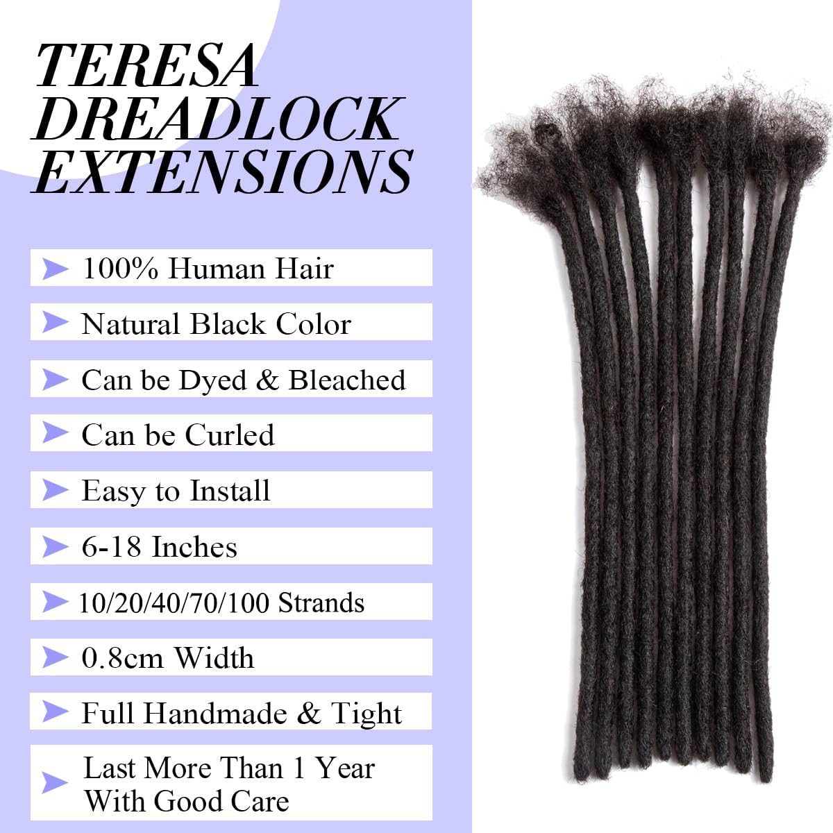 Teresa 0.8Cm & 0.6Cm & 0.4Cm & 0.2Cm Width 6-18 Inch 10, 20, 40, 70, 100 Strands 100% Human Hair Dreadlock Extensions Men/Women,