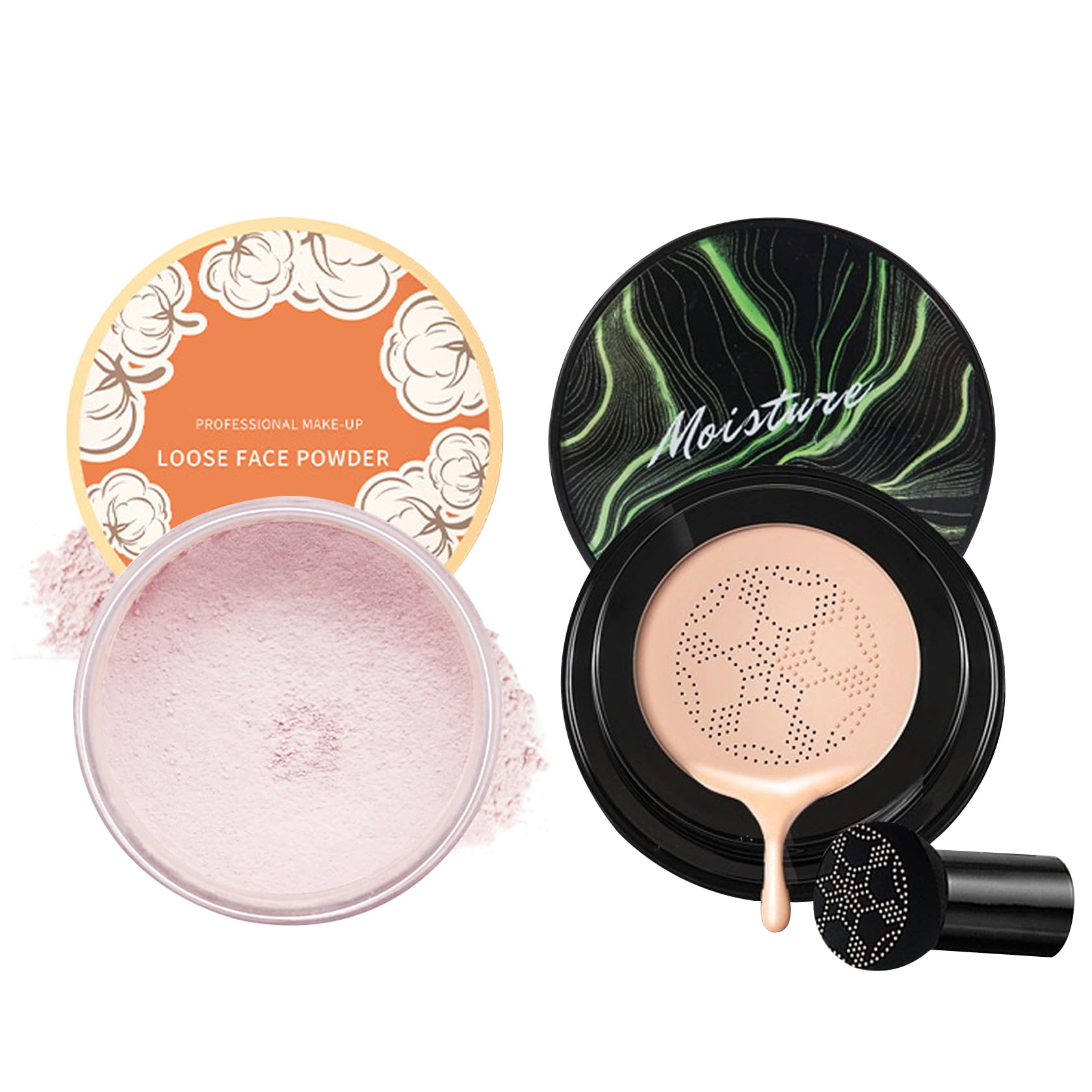CAHIUYOA 2PCS Mushroom Head Air Cushion CC Cream Foundation Pink Setting Powder Loose Powder Makeup Set Long Lasting Oil Control