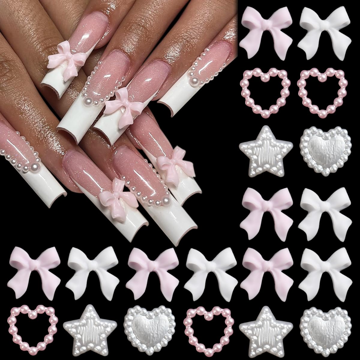 Fcozpjk Bows Nail Charms, 100PCS Bow Charms for Nails, White Pink Heart Stars Round Multi Shape Pearl Nail Charms, Flatback Kawa