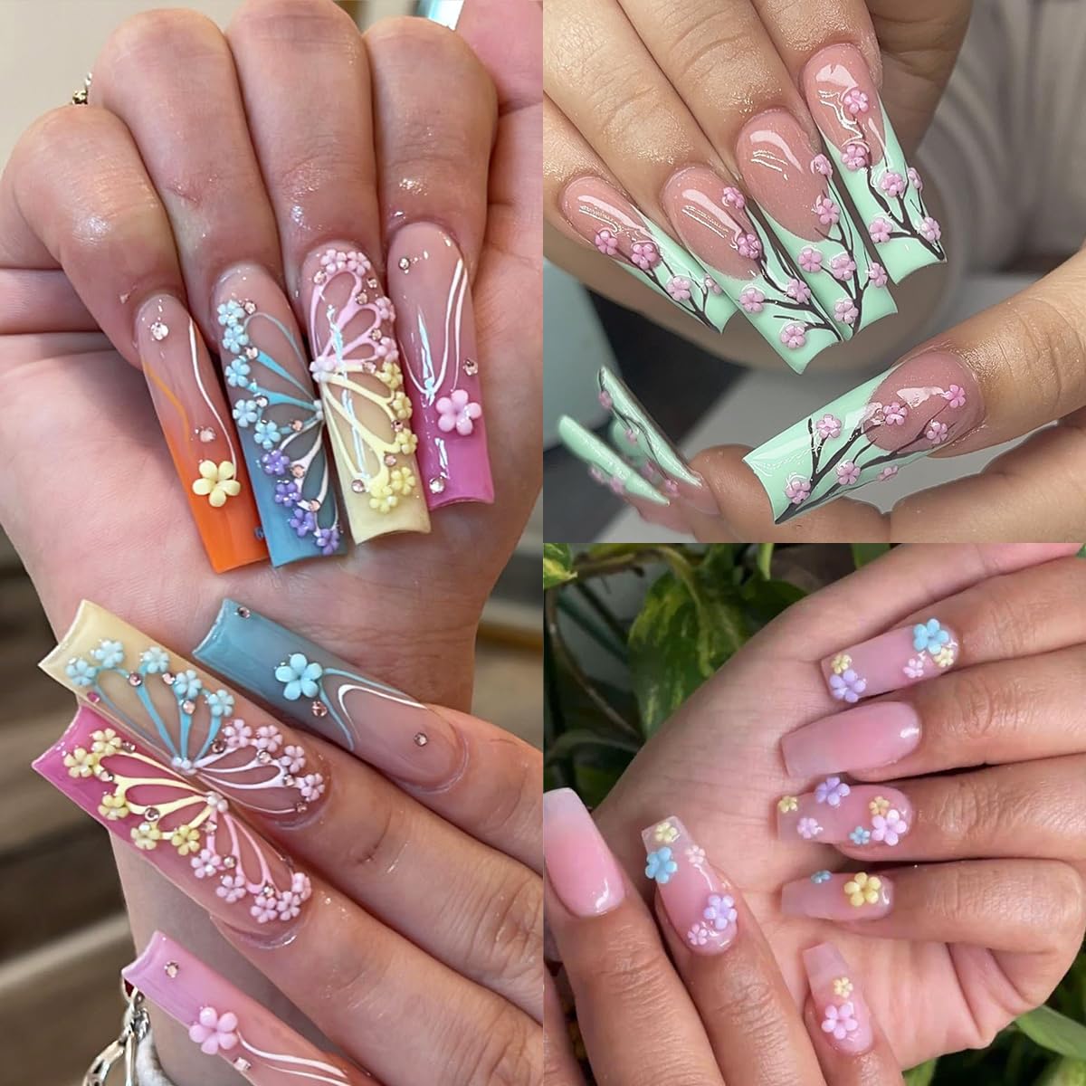3D Flowers Nail Charms, 3D Pink Pastel Acrylic Flower For Nails, Gold Caviar Beads Nail Decorations Mixed Rhinestones Kit, Cryst
