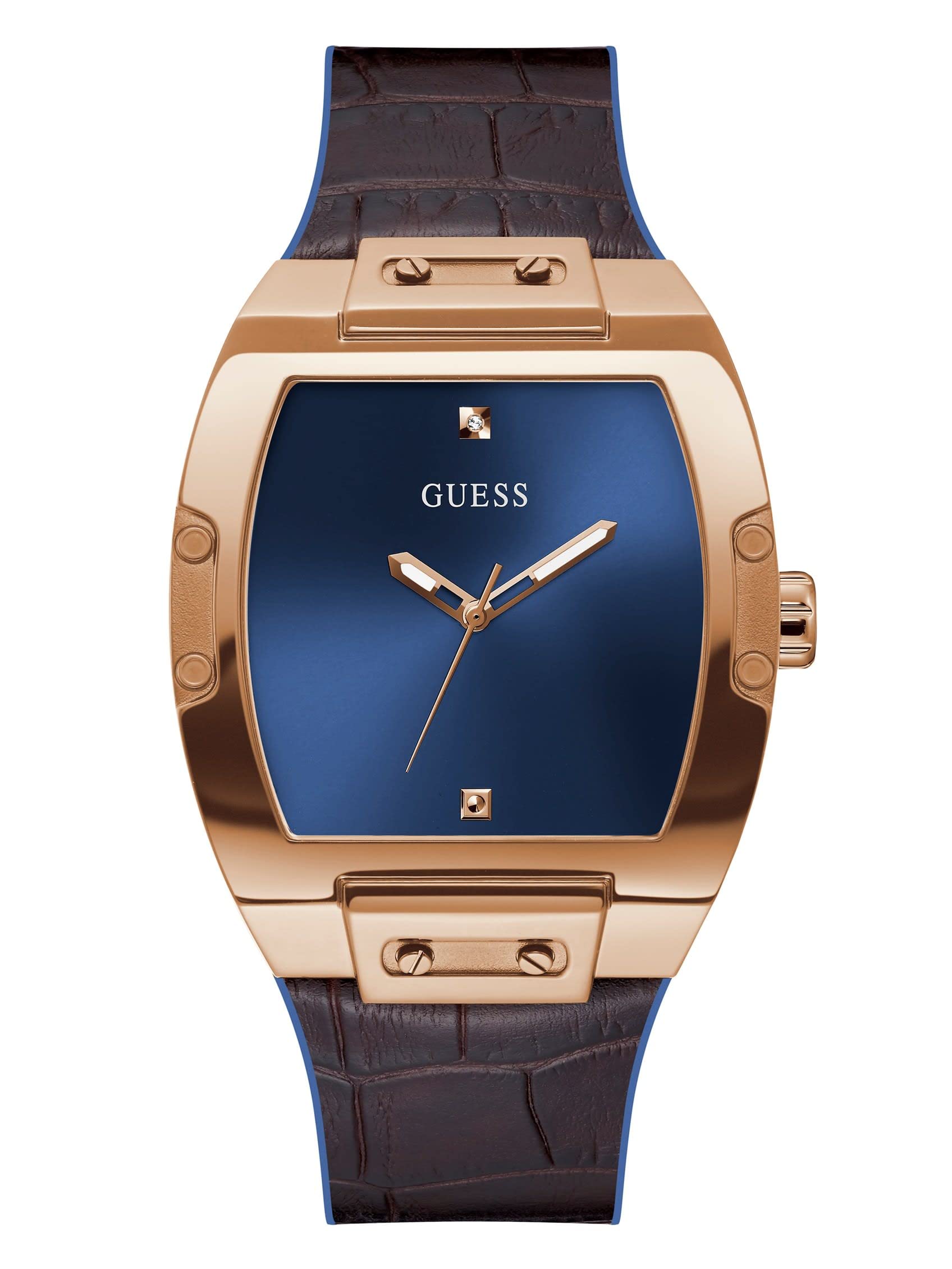 Guess Mens 43 Mm Phoenix Blue Dial Genuine Leather Analog Watch  Gw0386G2