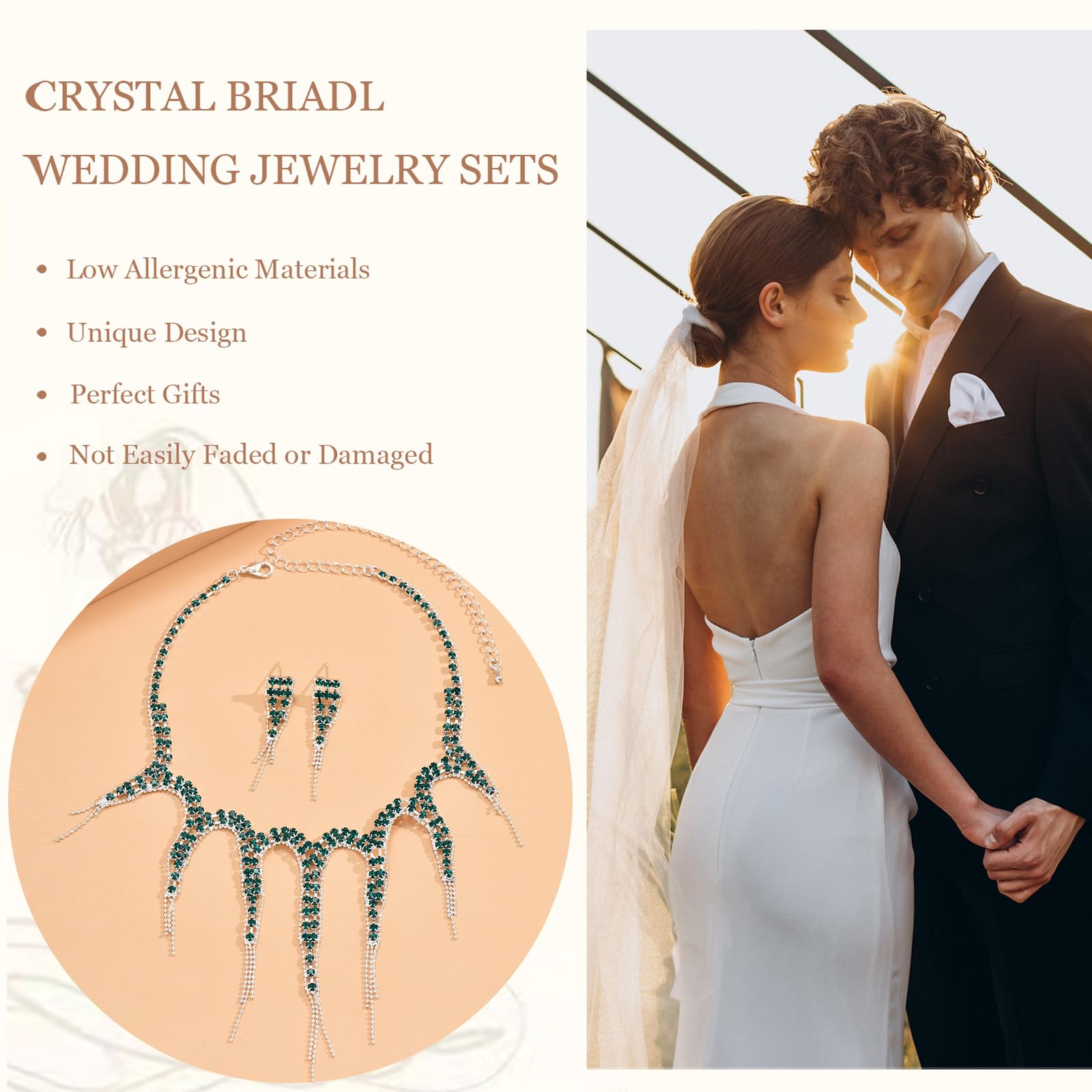 HUASAI Green Wedding Jewelry Sets for Brides Rhinestone Necklace Earrings Bracelet Set Bridal Costume Jewelry for Women Formal W