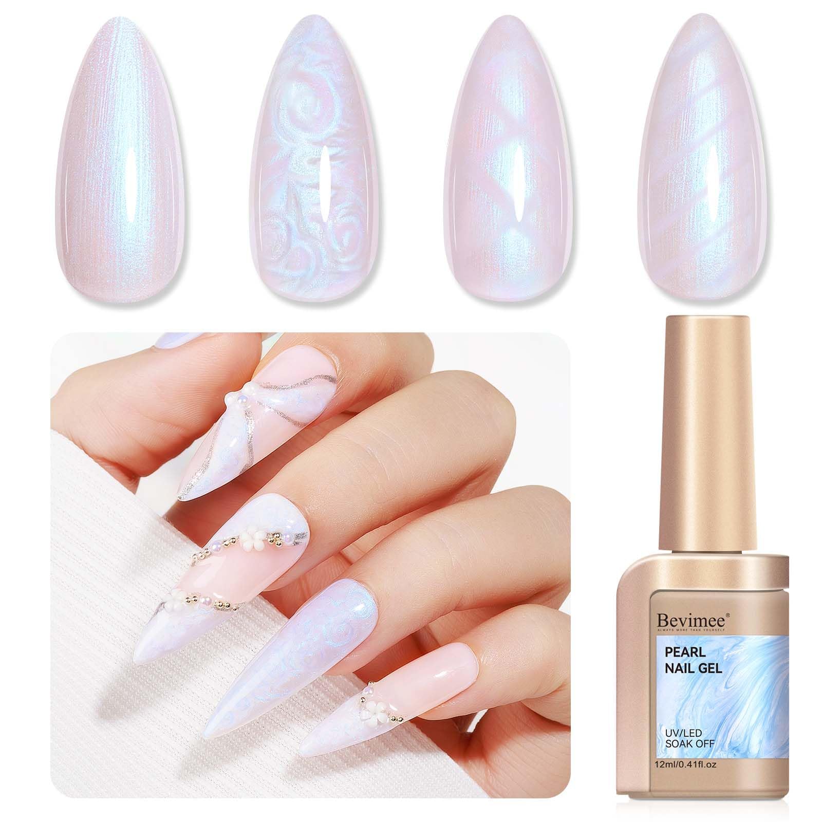 Bevimee Pearl Gel Nail Polish 12ml Pearlescent Mermaid Iridescent Gel Polish Chrome Aurora Nail Drawing Swirl Shell Thread Effec
