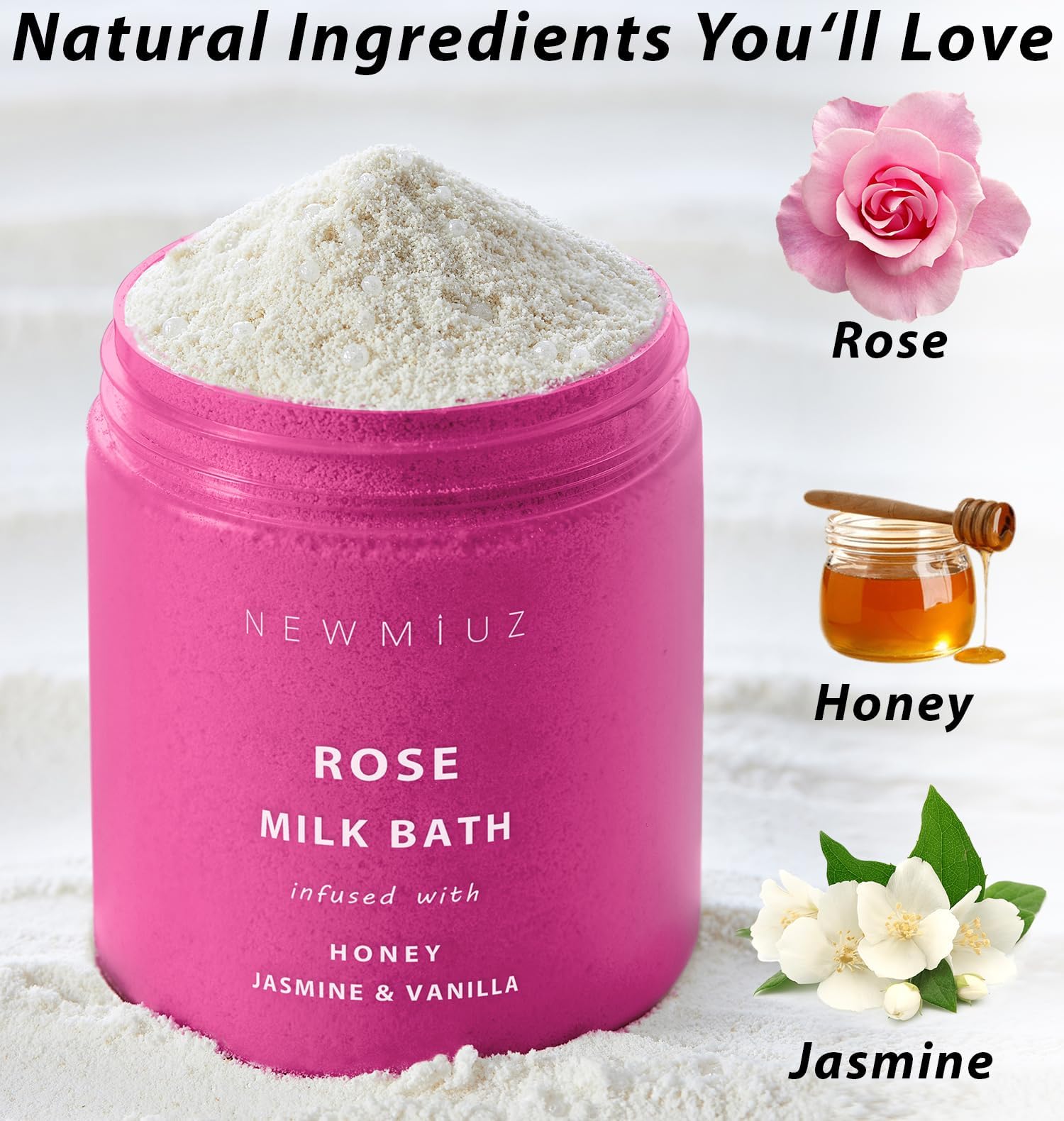 Calming Rose Coconut Milk Bath Soak Moisturize & Soften Skin Honey Jasmine Vanilla Destress Luxury Spa Bath Salt Powder Birthday
