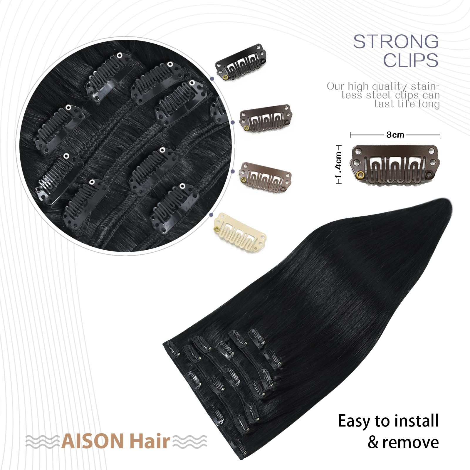 Aison Jet Black Clip in Hair Extensions Real Human Hair 70G 100% Remy Human Hair Clip in Extensions 7pcs 16clips 18 Inch Hair Ex