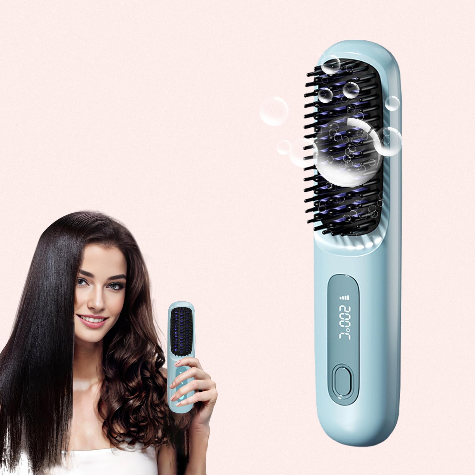 New gobrush pro 2025, Cordless Hair Straightener Brush-199 Million Negative Ions, 20S Fast Heat Up,4 Temperature Settings,3200mA