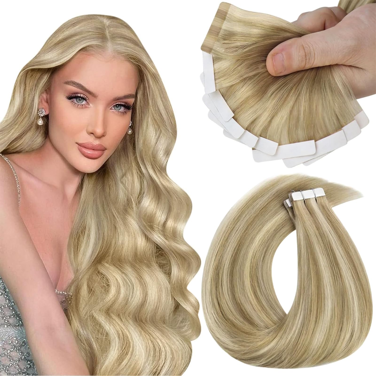 Sunny Hair Tape in Hair Extensions Real Human Hair Invisible Remy Hair Extensions Tape ins for Women Dark Honey Blonde Highlight