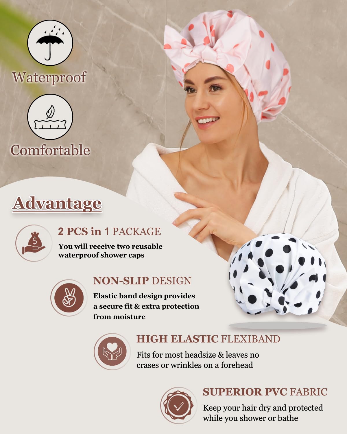 Luvruitaky Shower Cap 2Pcs Shower Caps For Women Reusable Waterproof Hair Cap For Shower With Adjustable Bowknot Luxury Bath Cap