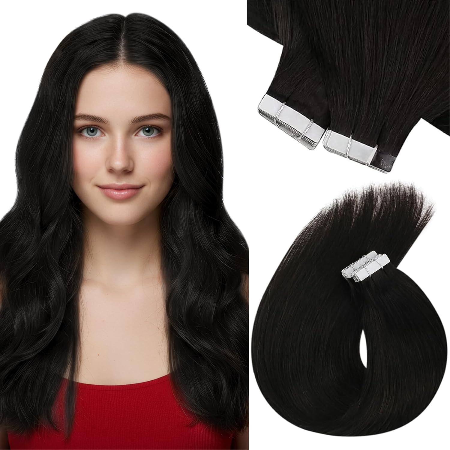 Sunny Hair Tape in Hair Extensions Real Human Hair Invisible Remy Hair Extensions Tape ins for Women Natural Black 14 inch 20Pcs