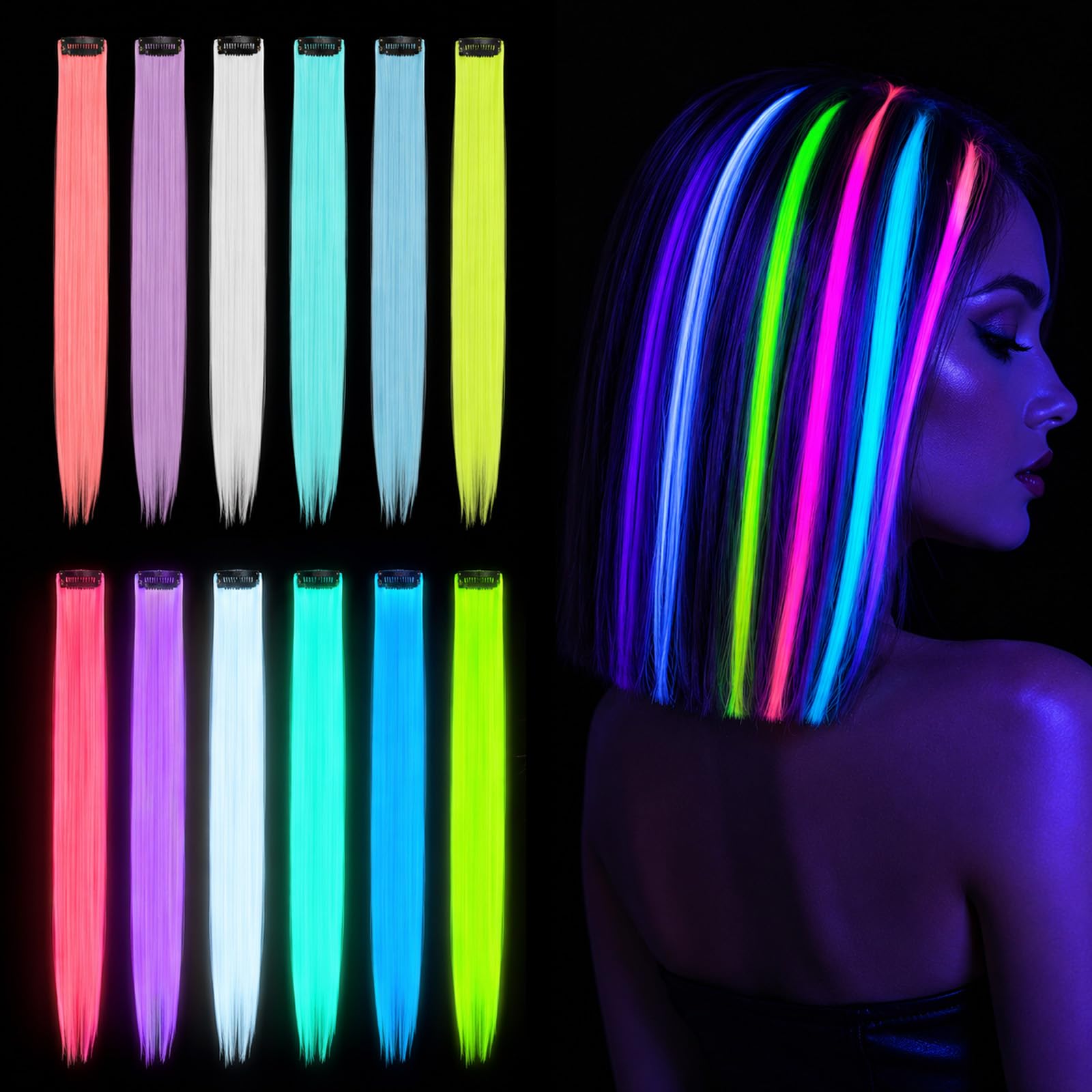 12 PCS Glow in the Dark Hair Accessories, Rainbow Wigs