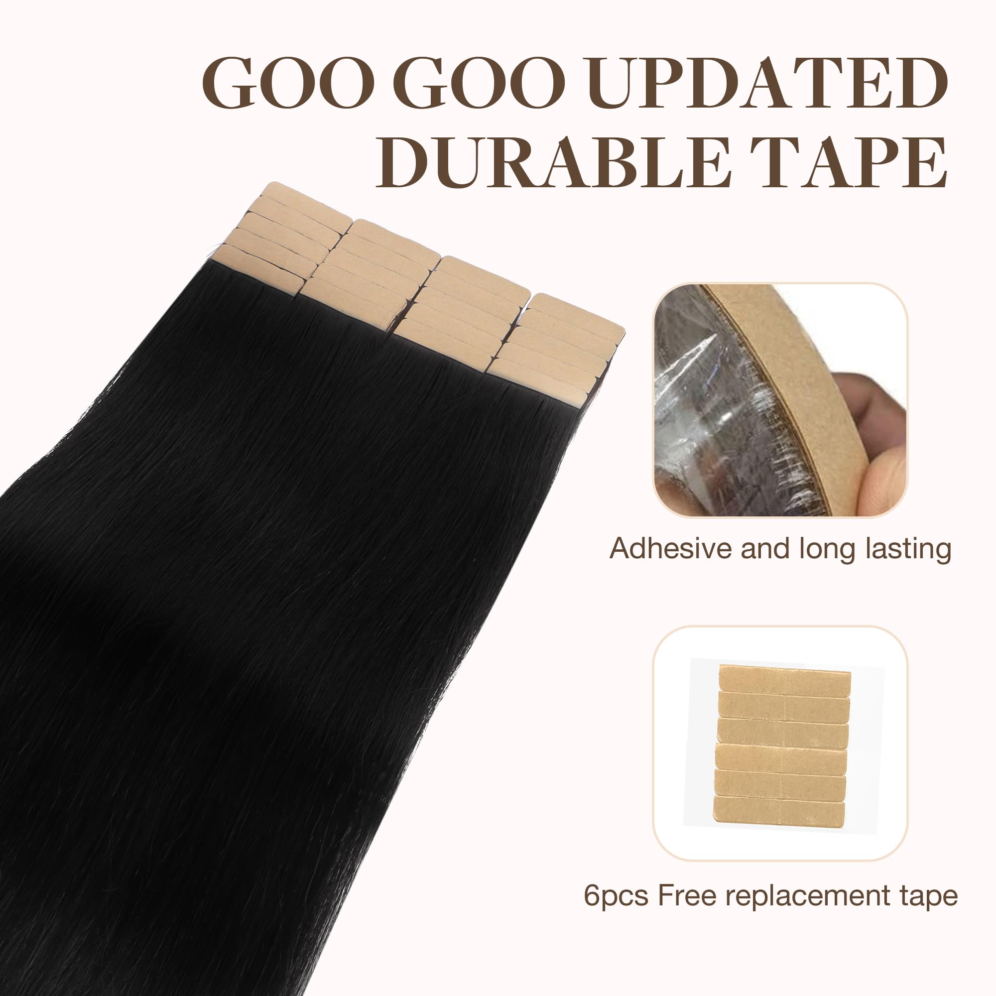 Goo Goo Tape In Hair Extensions Human Hair, 1 Jet Black, 18Inch 25G 10Pcs, Thick Ends Straight Seamless Tape In, Invisible Tape