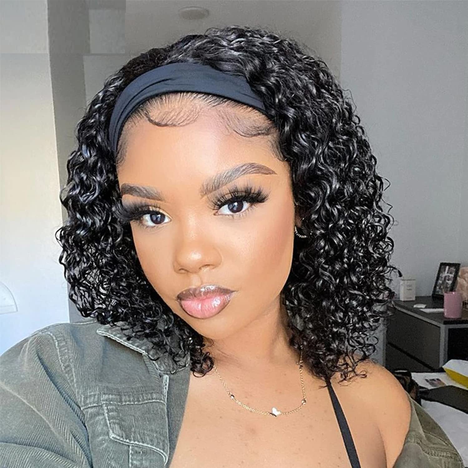 AISI 12 Inch Headband Wig Human Hair Curly Wave Headband Wigs for Black Women Brazilian None Lace Front Wigs Glueless Deep Wave 