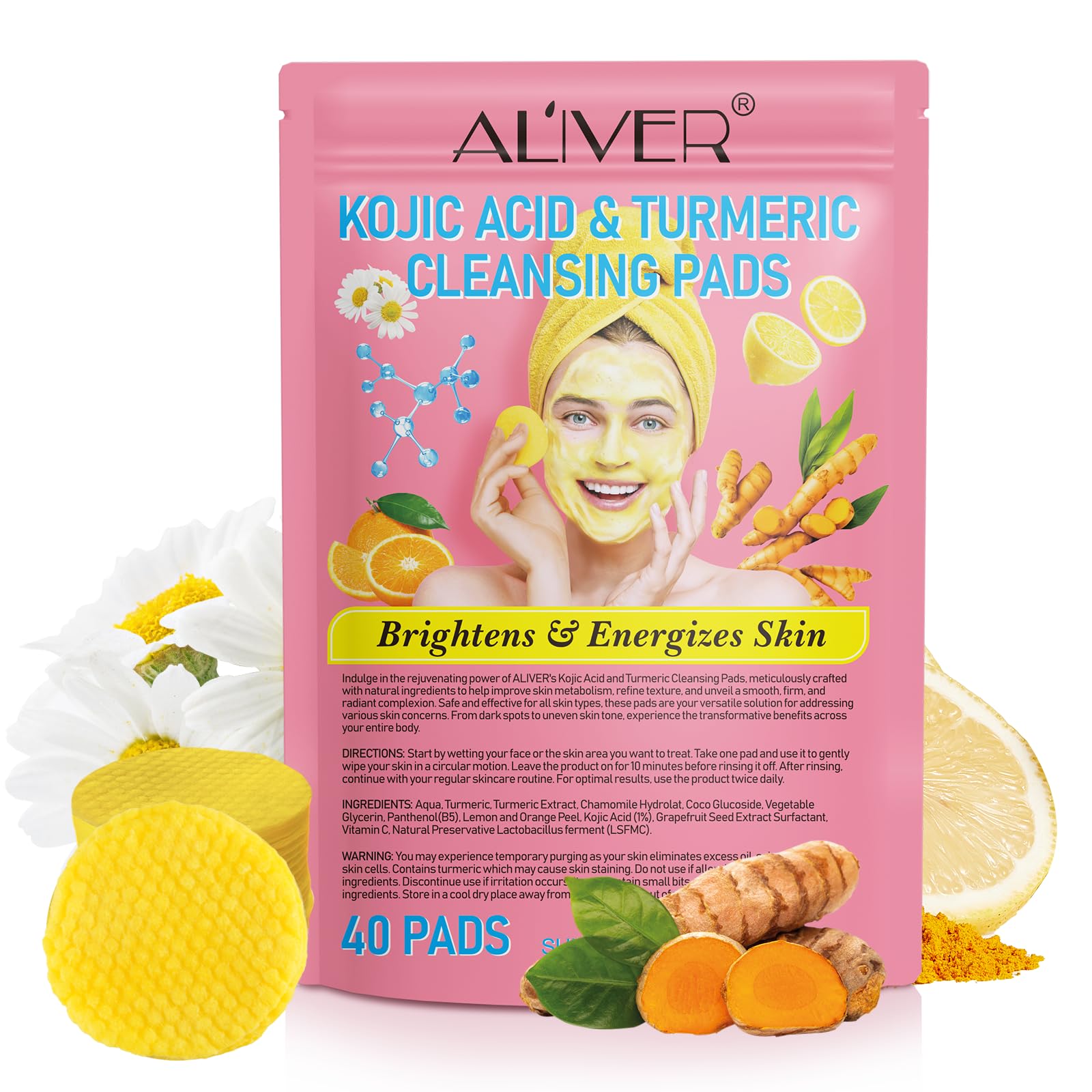 Kojic Acid and Turmeric Cleansing Pads, Turmeric Kojic Acid Cleansing Pads with Vitamin B5, Vitamin C, Turmeric Kojic Acid Lemon