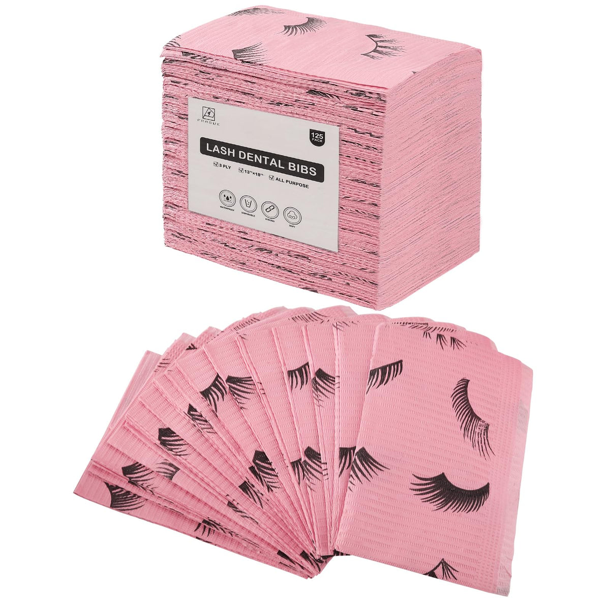 Prasne Lashing Dental Bibs Disposable Pack Of 125, Lash Pillow Cover Of Lash Supplies, Pink 3-Ply Paper Poly Waterproof Towels,