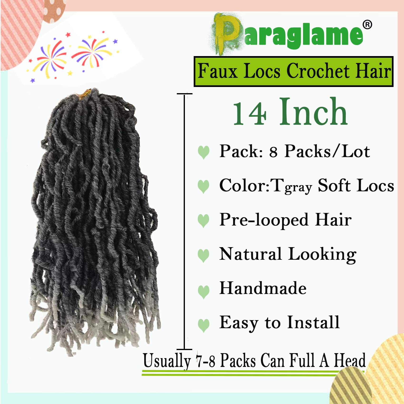Paraglame 14 Inch Grey Soft Locs Crochet Hair, 8 Packs Faux Locs Crochet Braids, Pre Looped Goddess Soft Locs Crochet Hair For B