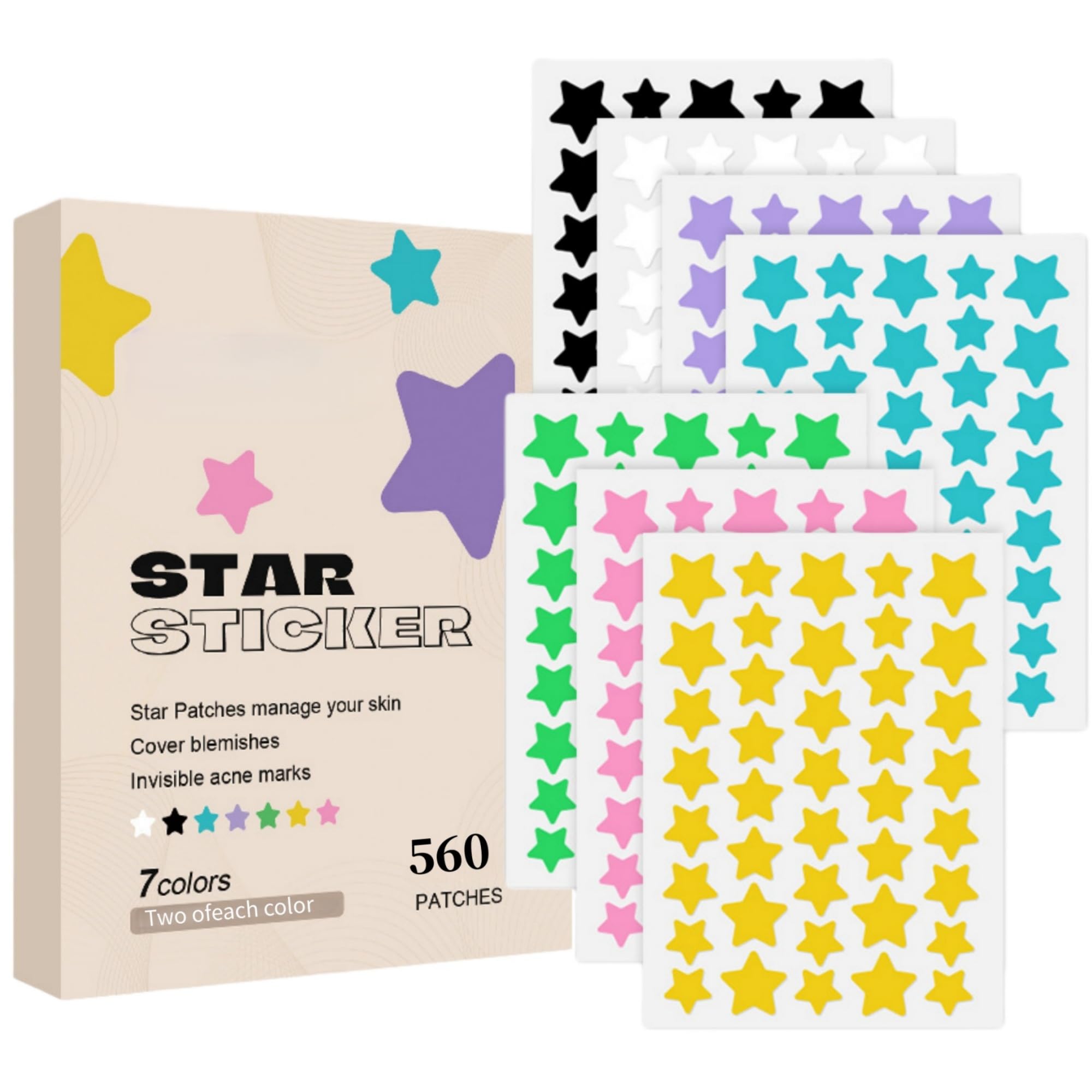 viviyoo 560 Pcs Star Pimple Patches for Face, 7 Colors Hydrocolloid Acne Patches, Cute Zit Patches for Blemishes & Zits, Vegan &