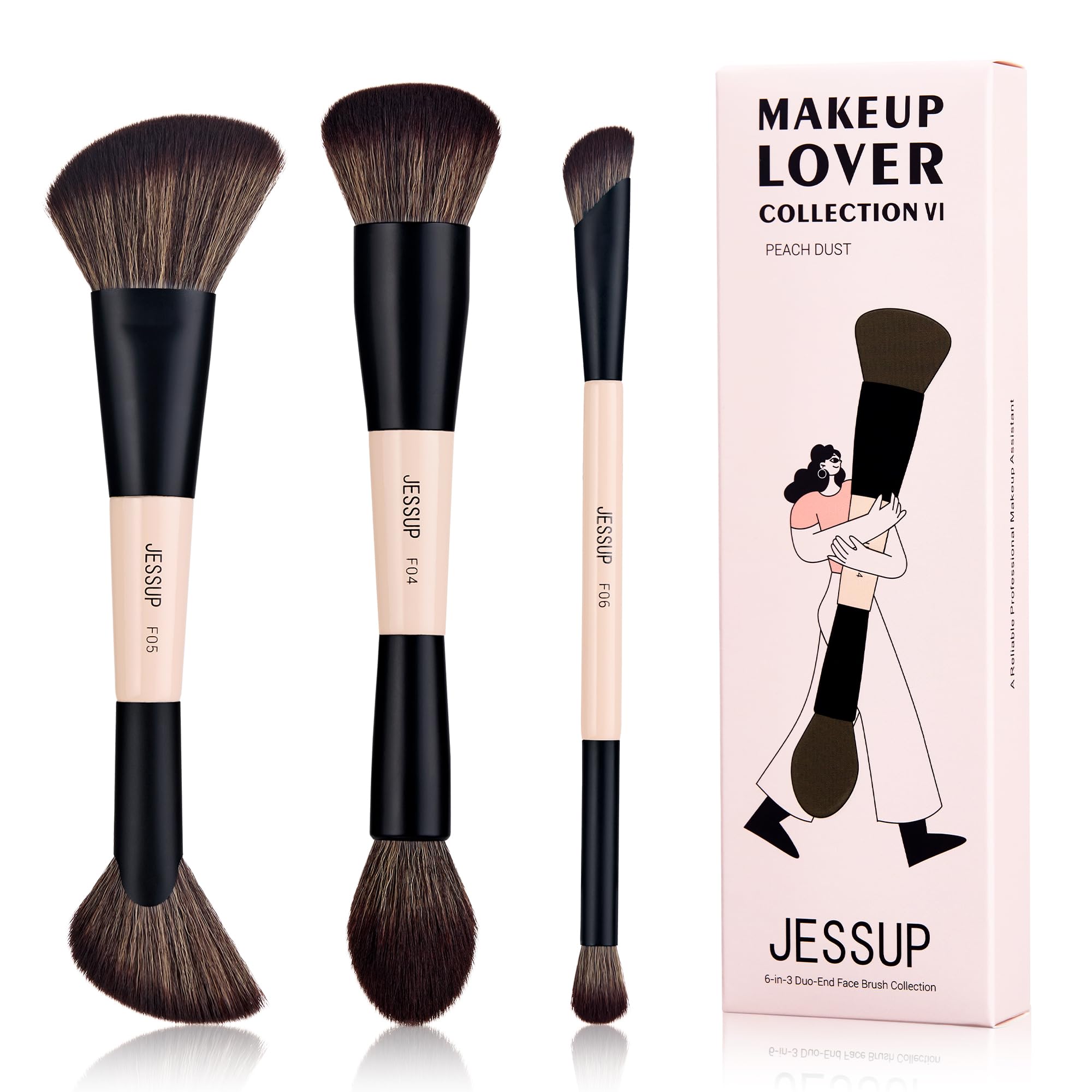Jessup Face Makeup Brushes 3Pcs Double Ended Makeup Brush Set For Foundation Contour Blush Highlight And Powder, Premium Synthet