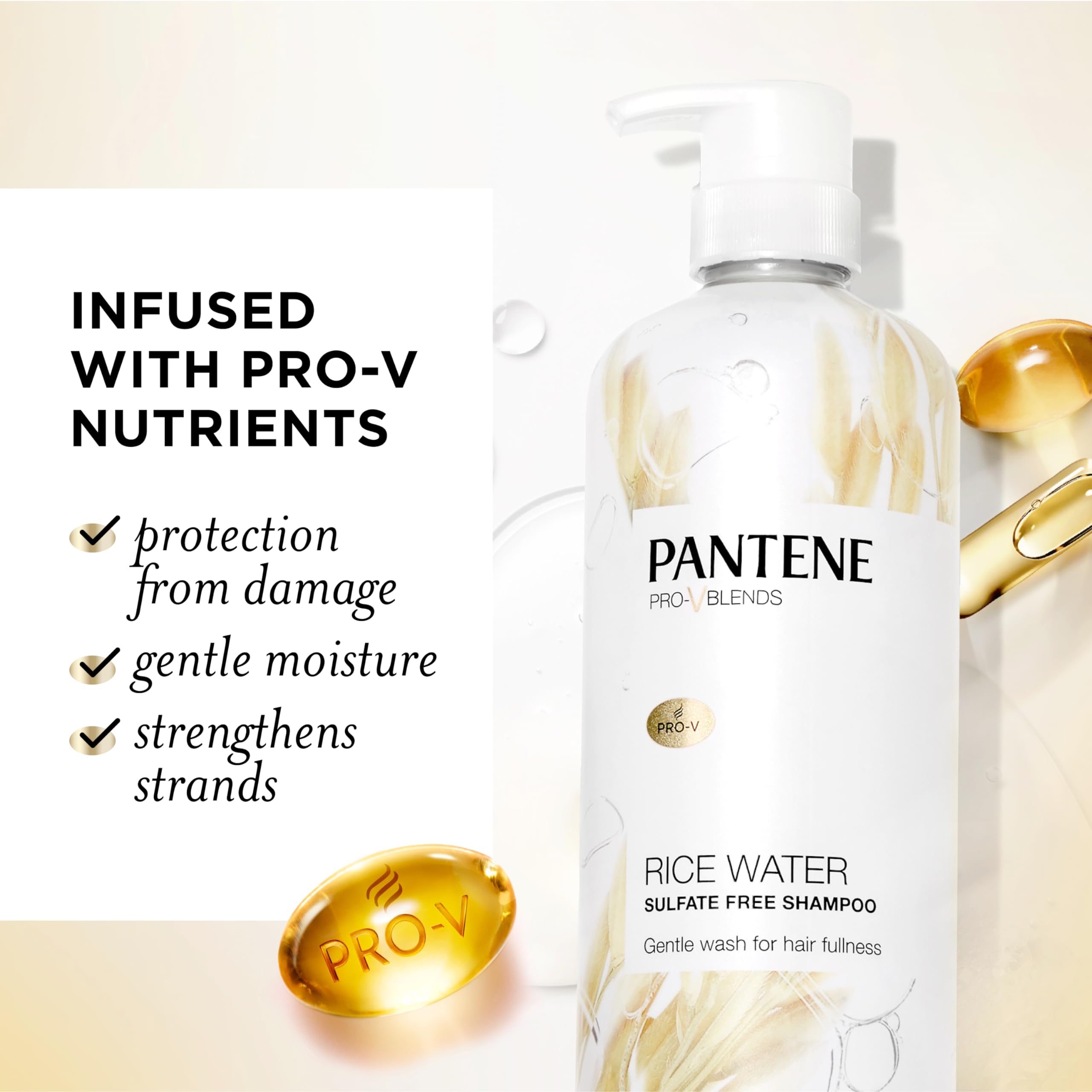 Pantene Sulfate Free Shampoo With Rice Water, Protects Natural Hair Growth, Volumizing, For Women, Nutrient Infused With Vitamin