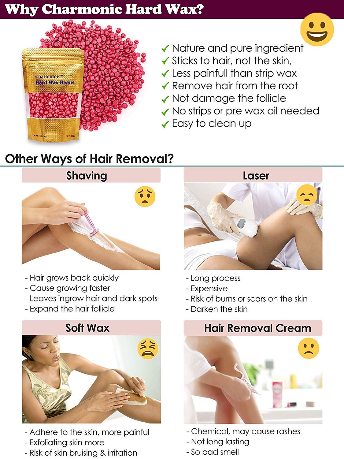 Charmonic Depilatory Wax, 17.5 Oz Hard Body Wax Beans For Women Men, Hair Removal European Beads 500G/1.1 Lb (Rose)