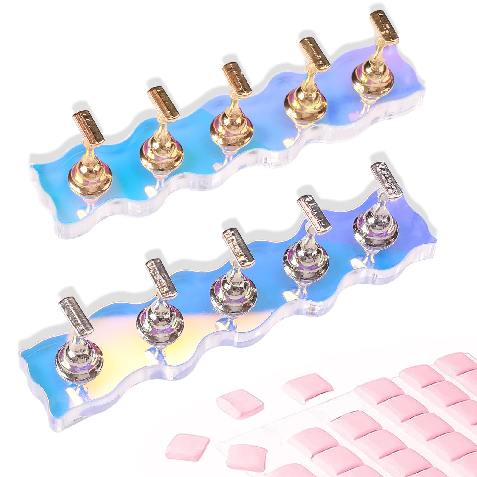 ANGNYA Nail Stand for Press on, 2 Set Aurora Nail Holder for Painting Nails Press on Nail Stands with 96 Pcs Reusable Sticky Put