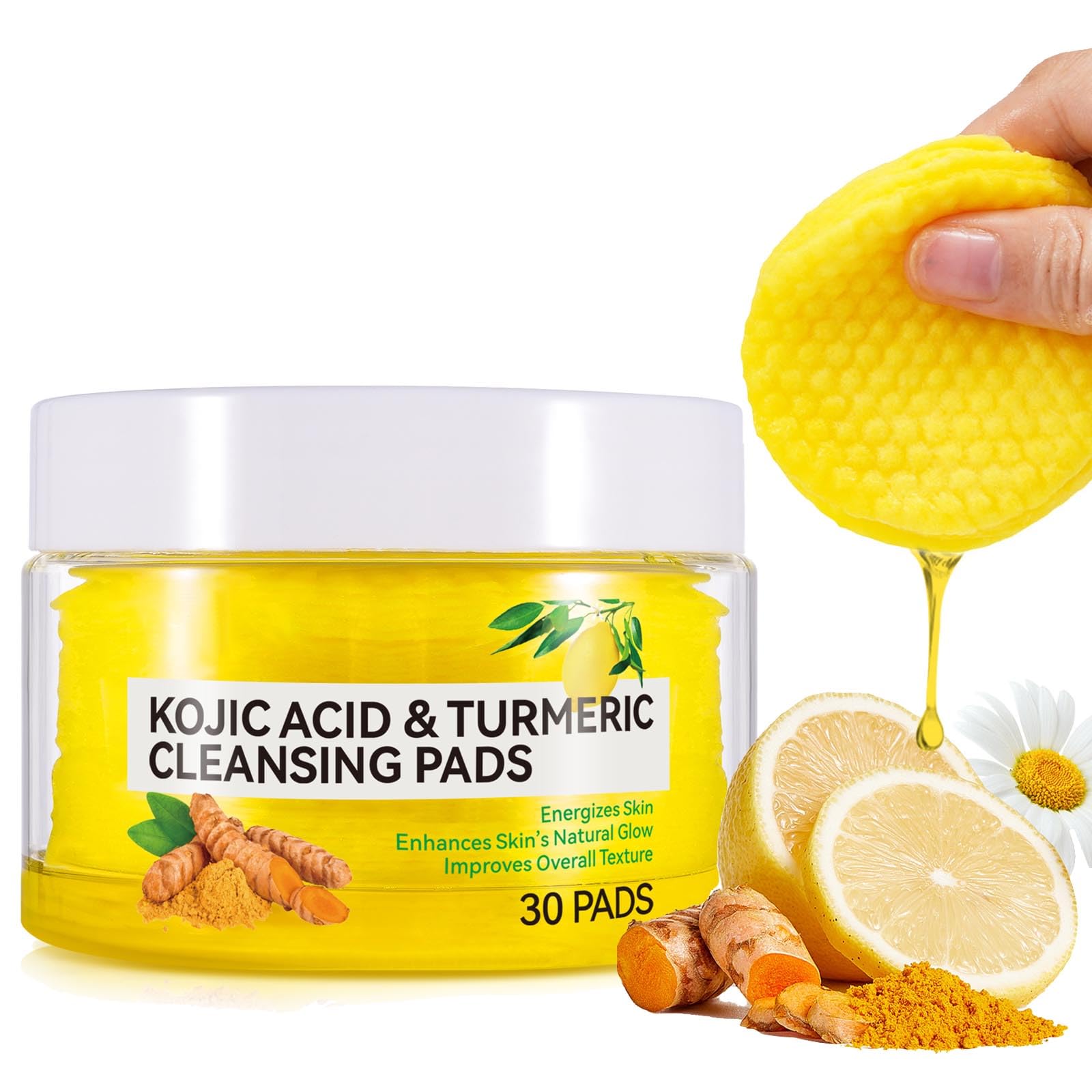 Turmeric Cleansing Pads, 30 PCS Turmeric Face Exfoliating Pads, Cotton Wool Face Wash Scrub Pads, Lemon