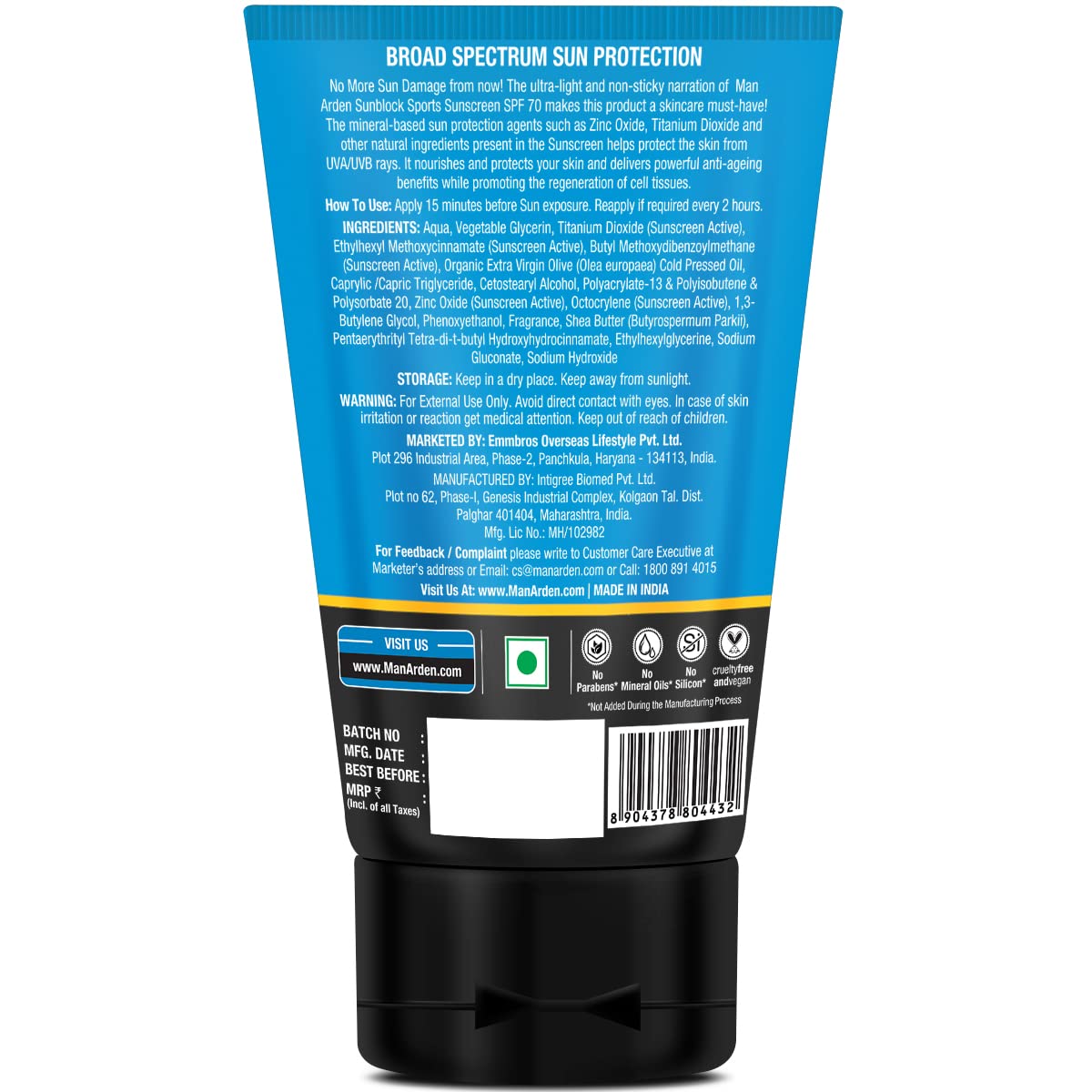 Man Arden Sun Block Sports Sunscreen Spf 70, For All Skin Types, Uva/Uvb Pa+++, High Uva & Uvb Protection Non Greasy And Water R