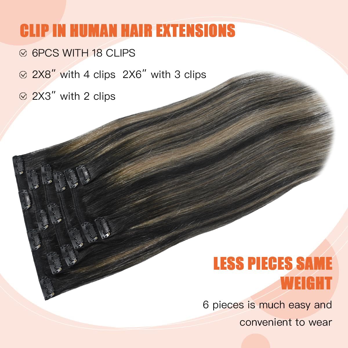UGOTRAYS Black Brown Hair Extensions Real Human Hair, Ombre Natural Black to Light Brown Highlight Black Hair Extensions, 18 inc