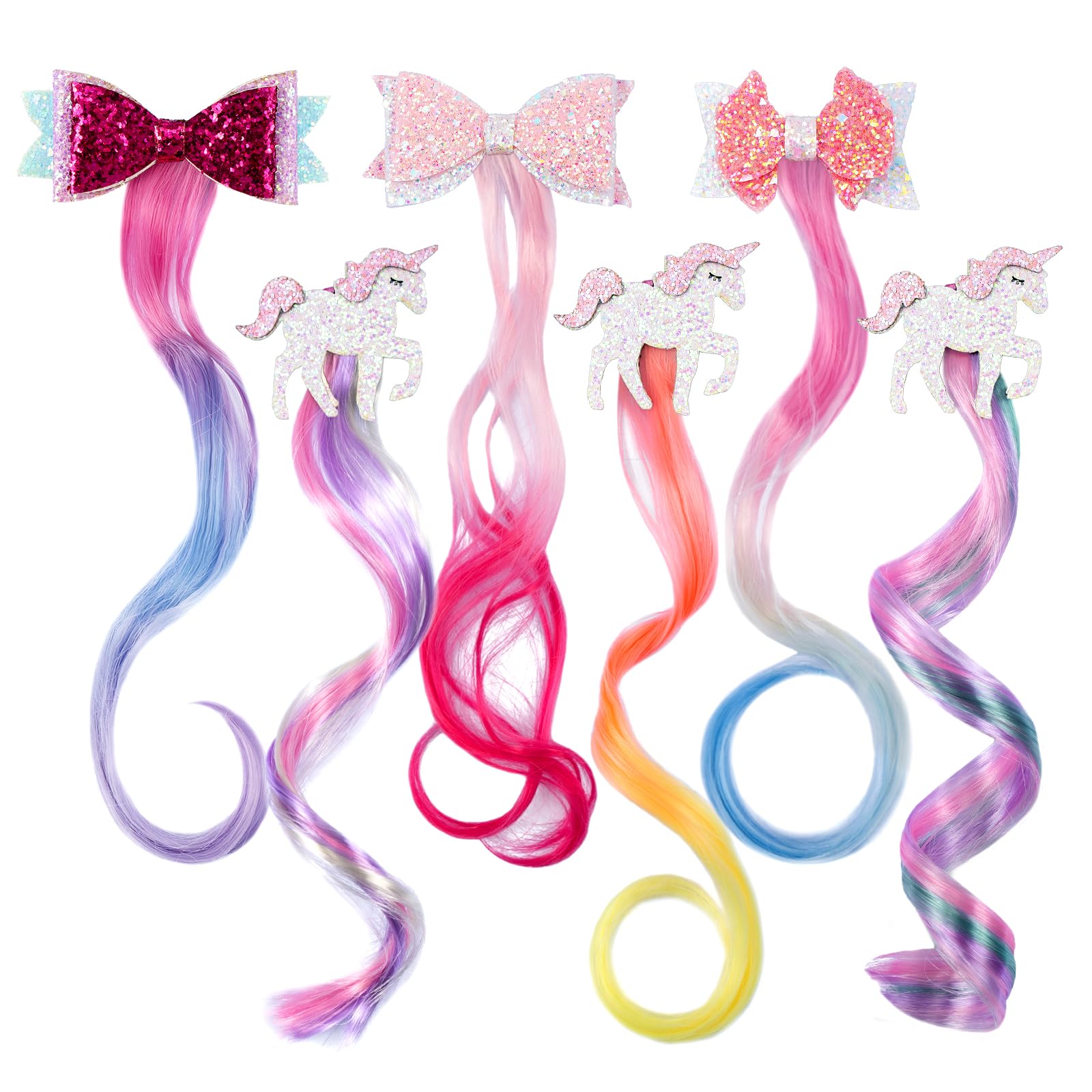 6 Pieces Unicorn Hair Clips for Girls, Bow Curly Rainbow Hair Extensions for Kids, Little Girl Hair Clips Accessories for Ponyta