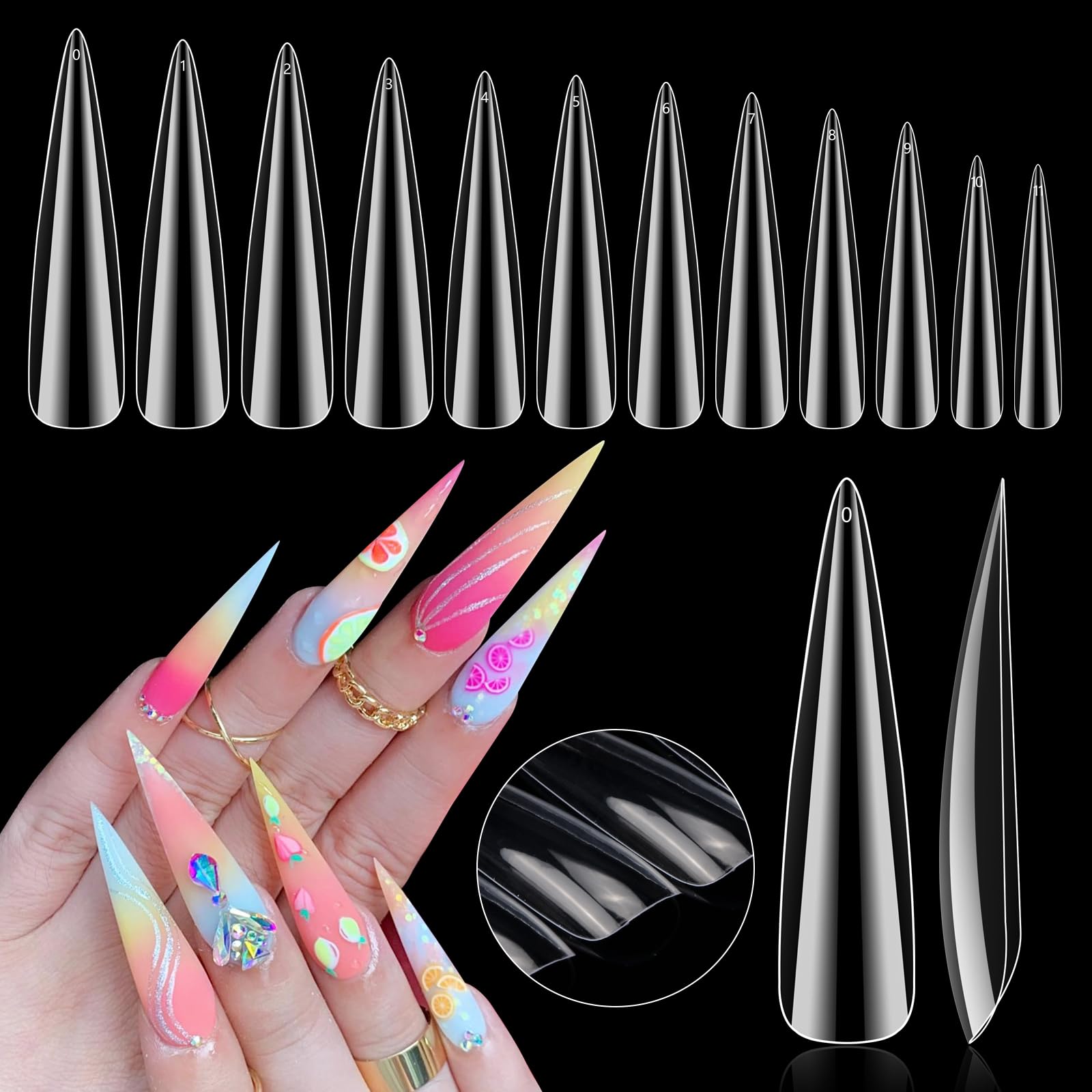 504Pcs 3Xl Stiletto Nail Tips, 3Xl Extra Long Clear For Acrylic Nails Professional, 12 Sizes Tapered Acrylic Full Nail Tips Pres