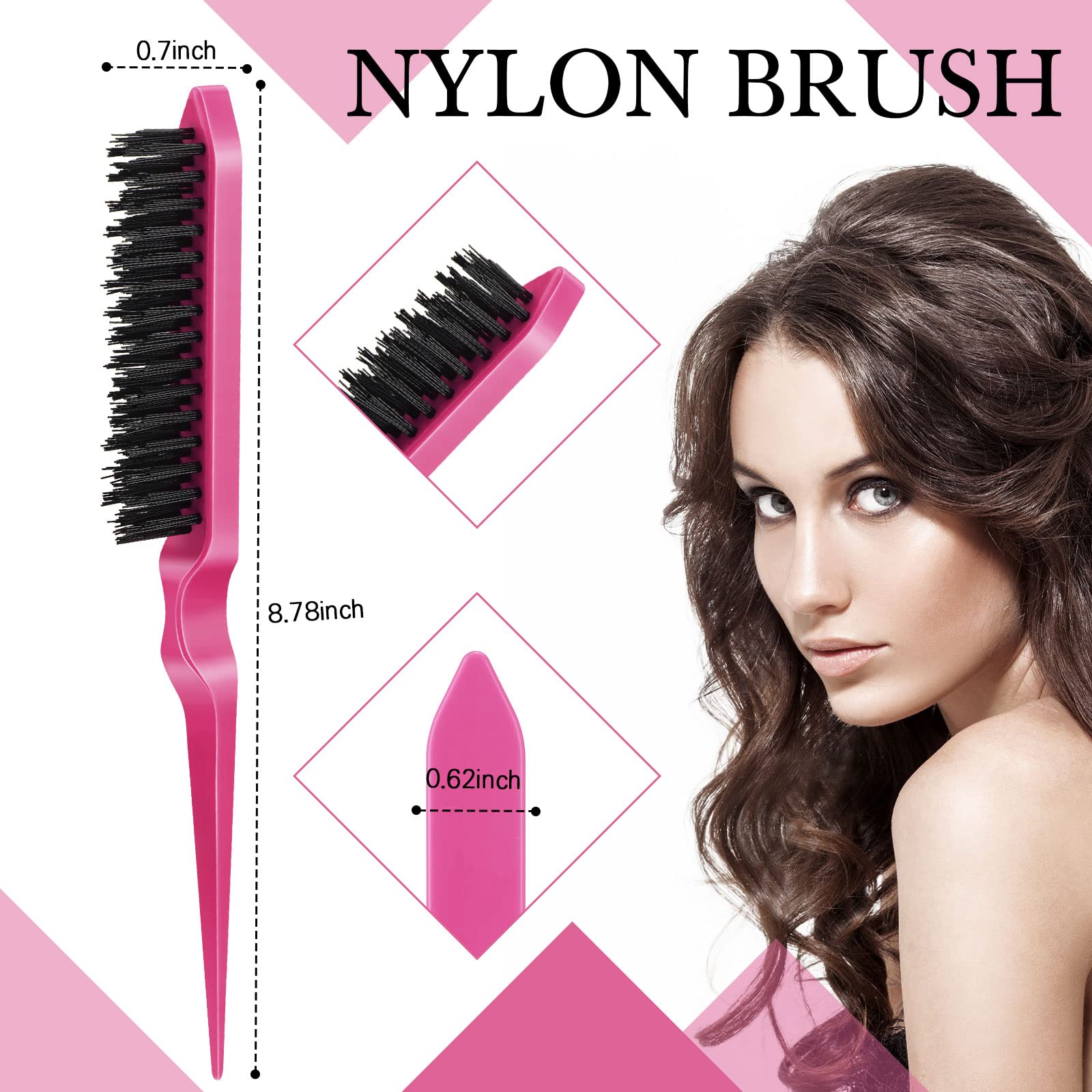 Geiserailie 3 Pcs Hair Brush Set - Bristle Edge Control & Teasing Comb, Plastic, Rose Red