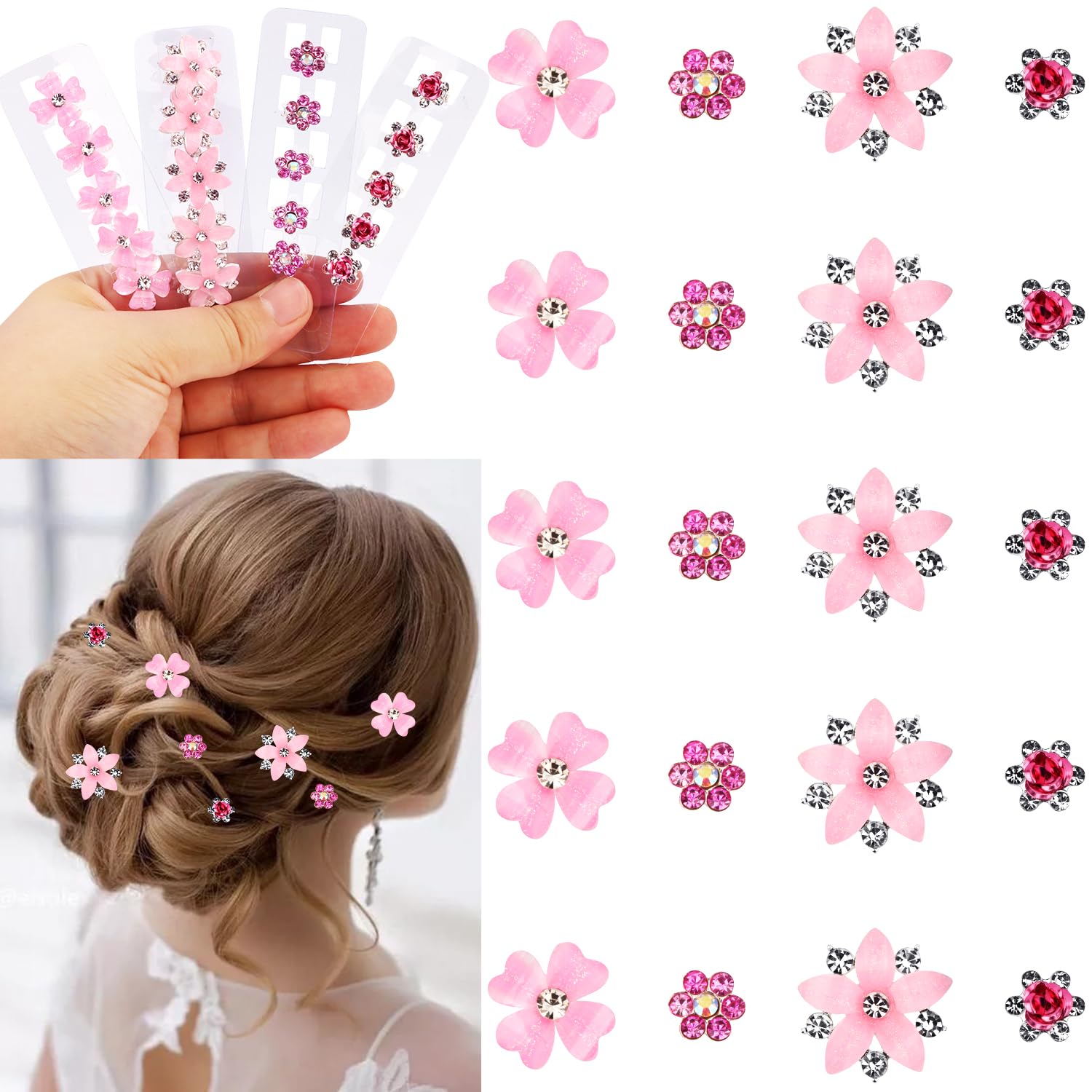 Atoden Mini Rhinestone Flower Hair Clips Small 20Pcs Pink Glitter Tiny Decorative Hair Pins Fairy Barrettes Floral Wedding Brida