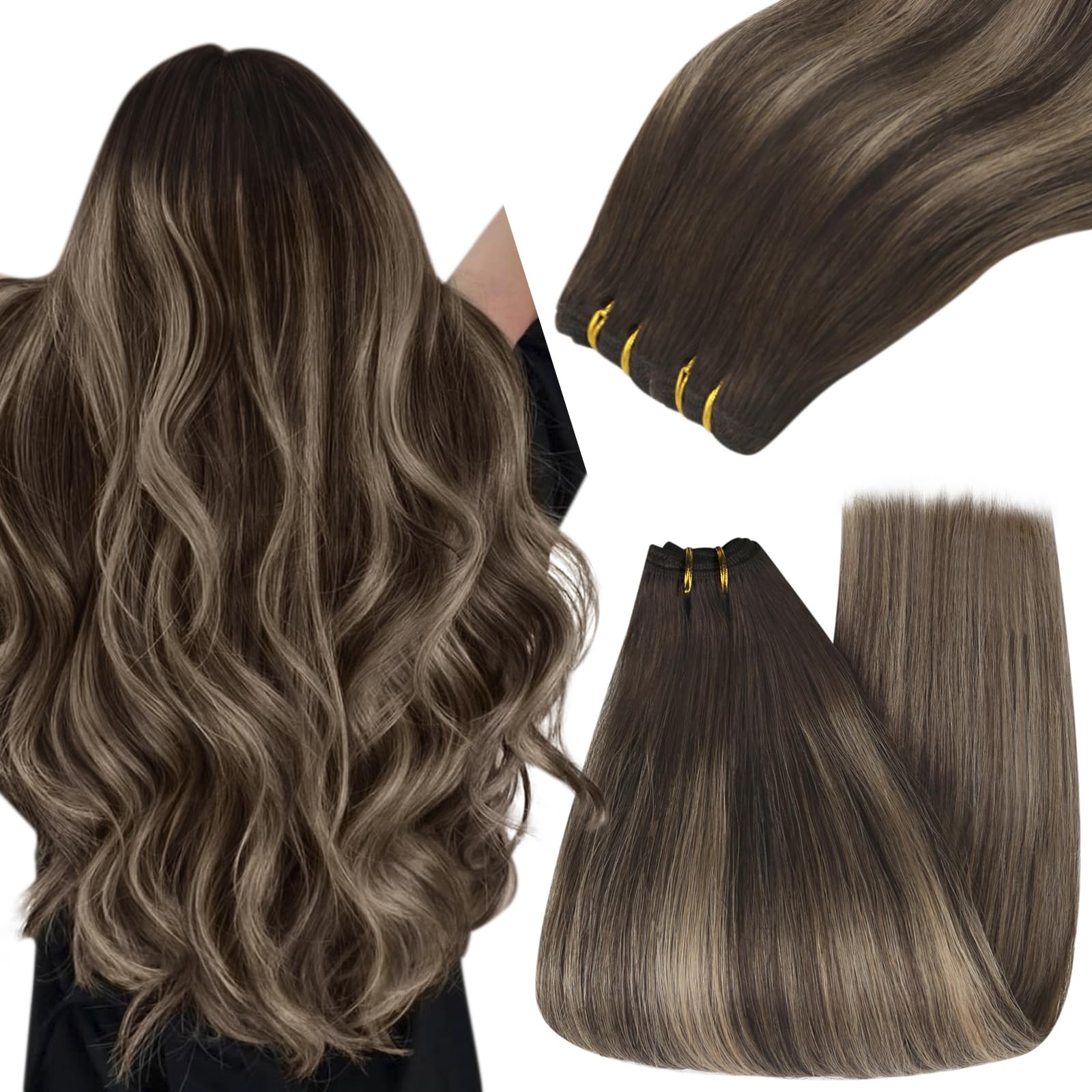YoungSee Sew in Human Hair Extensions Balayage Weft Chocolate Brown with Ash Blonde Balayage Weft Extensions for a Seamless Natu