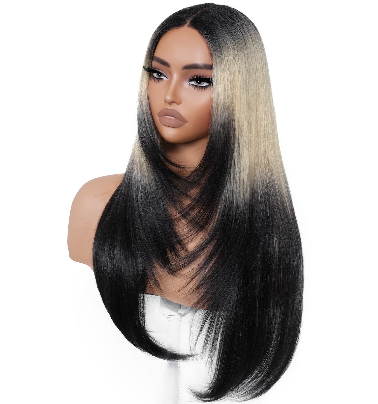 BrownBomb Ombre Blonde Black Wear and Go Glueless Wigs Pre Plucked Pre Cut for Beginners Synthetic Lace Front Wigs With Bangs Lo