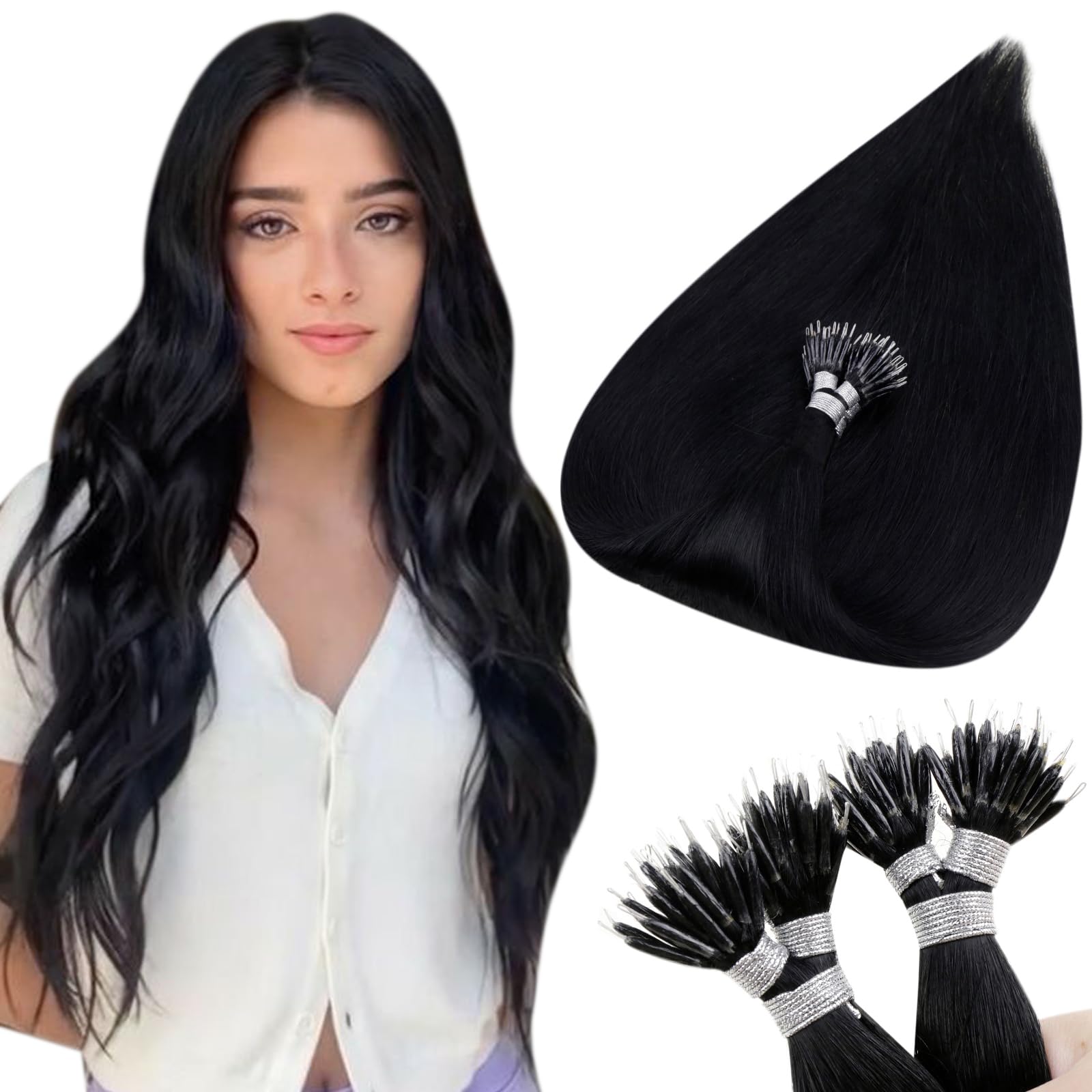 Hetto Nano Bead Hair Extensions Human Hair Nano Tip Extensions Real Human Hair #1 Jet Black Nano Ring Hair Extensions Natural In